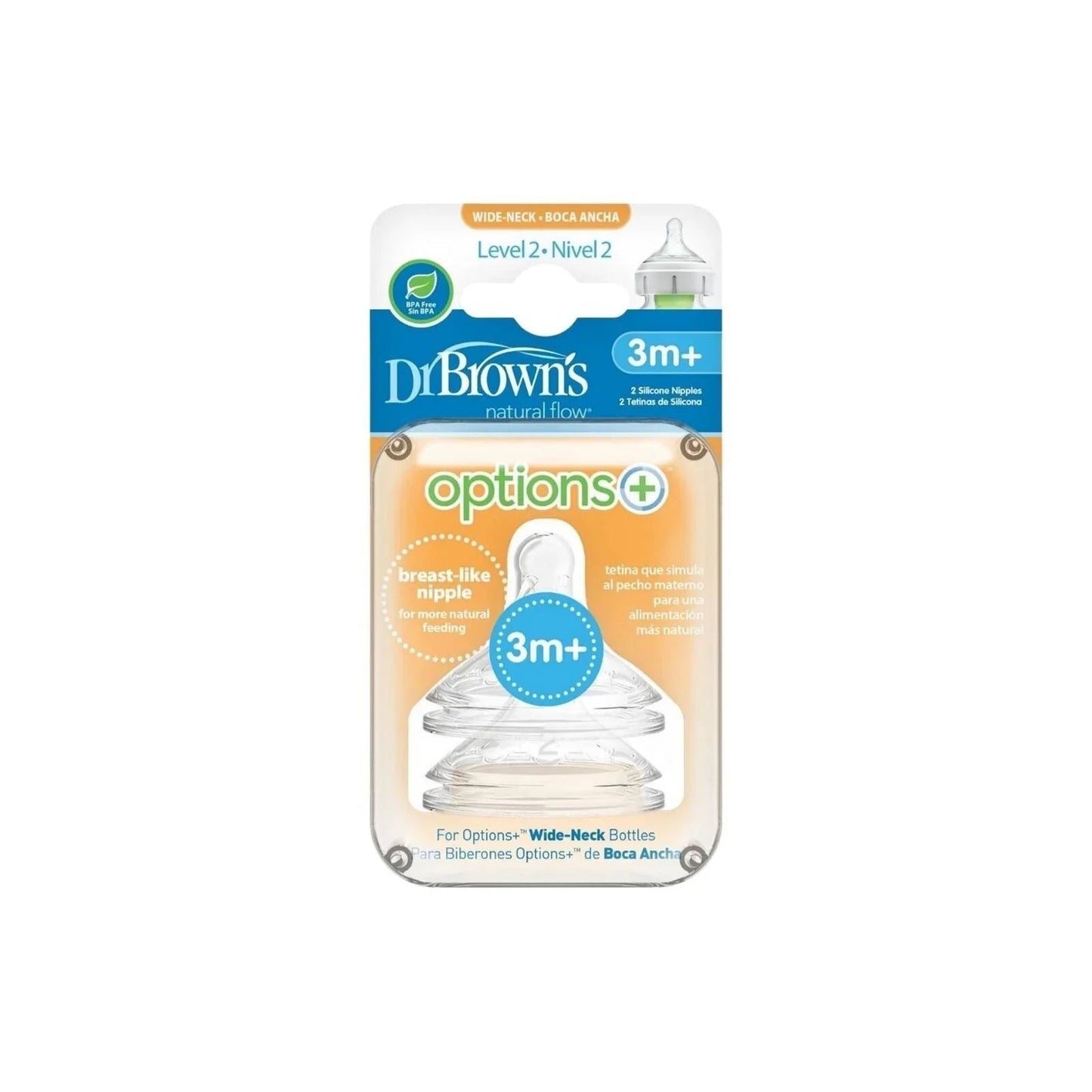 Dr. Brown's Options+ Baby Bottle Teats Level 2 Wide Neck 3+ months Pack of 2 - mezetto ebebek ebebek