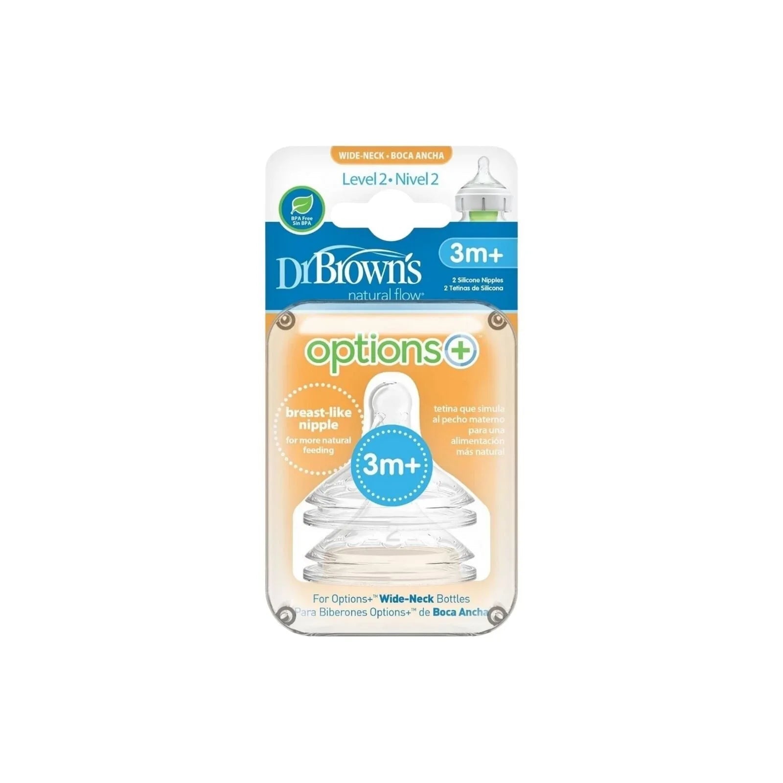 Dr. Brown's Options+ Baby Bottle Teats Level 2 Wide Neck 3+ months Pack of 2 - mezetto ebebek ebebek