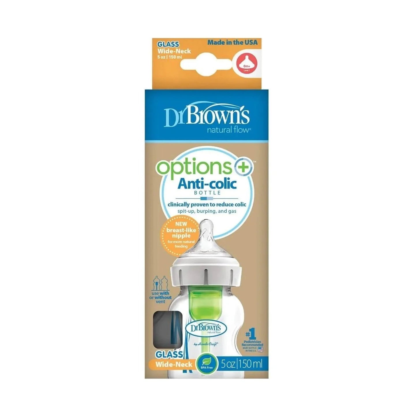 Dr. Brown's Options+ Wide Neck Anti - Colic Glass Bottle 150ml - mezetto ebebek ebebek
