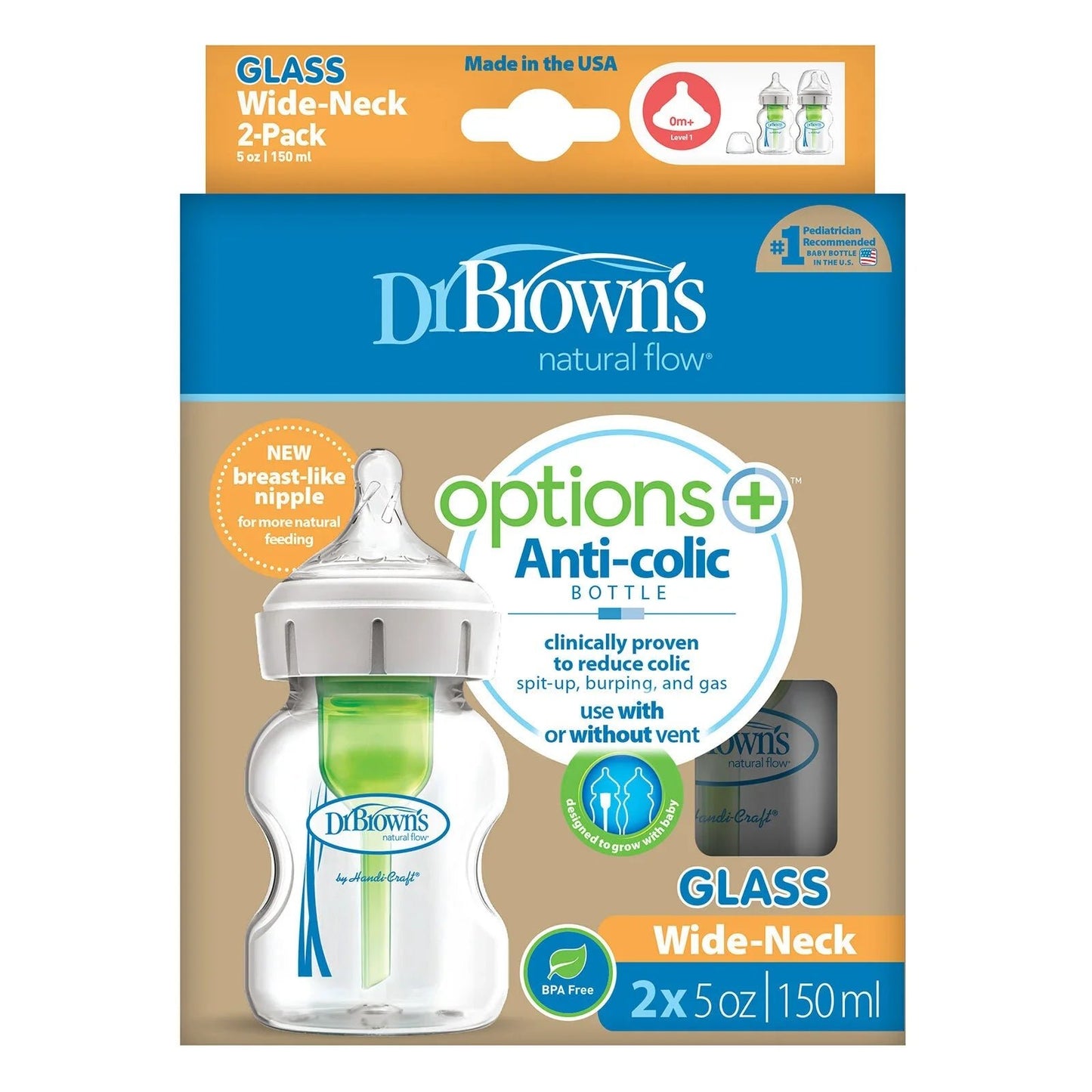 Dr. Brown's Options+ Wide Neck Anti - Colic Glass Bottle 150ml Pack of 2 - mezetto ebebek ebebek