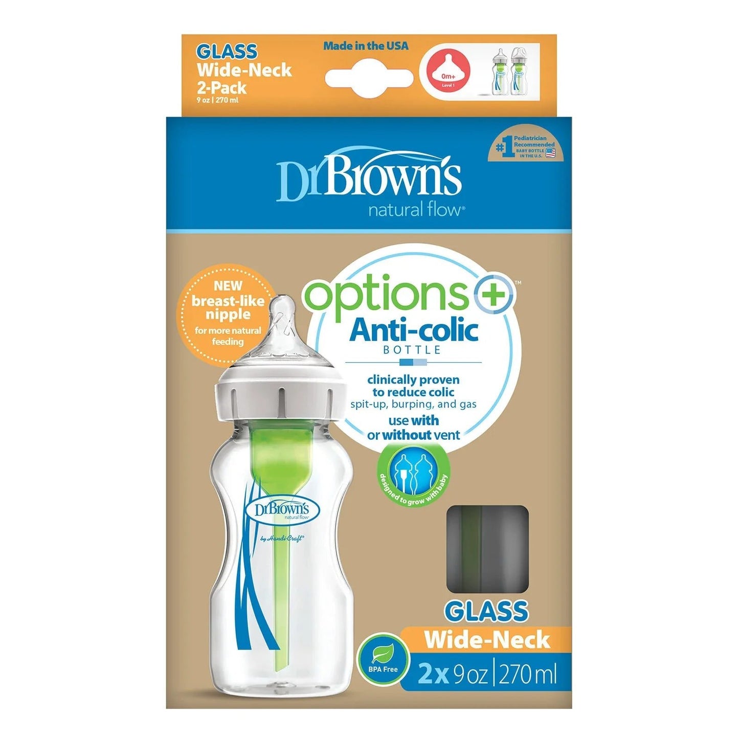 Dr. Brown's Options+ Wide Neck Anti - Colic Glass Bottle 270ml Pack of 2 - mezetto ebebek ebebek