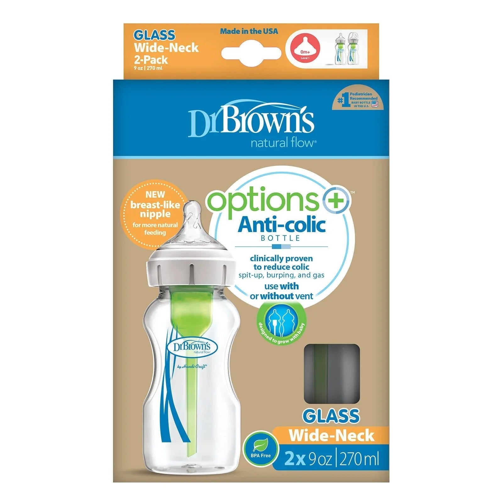 Dr. Brown's Options+ Wide Neck Anti - Colic Glass Bottle 270ml Pack of 2 - mezetto ebebek ebebek