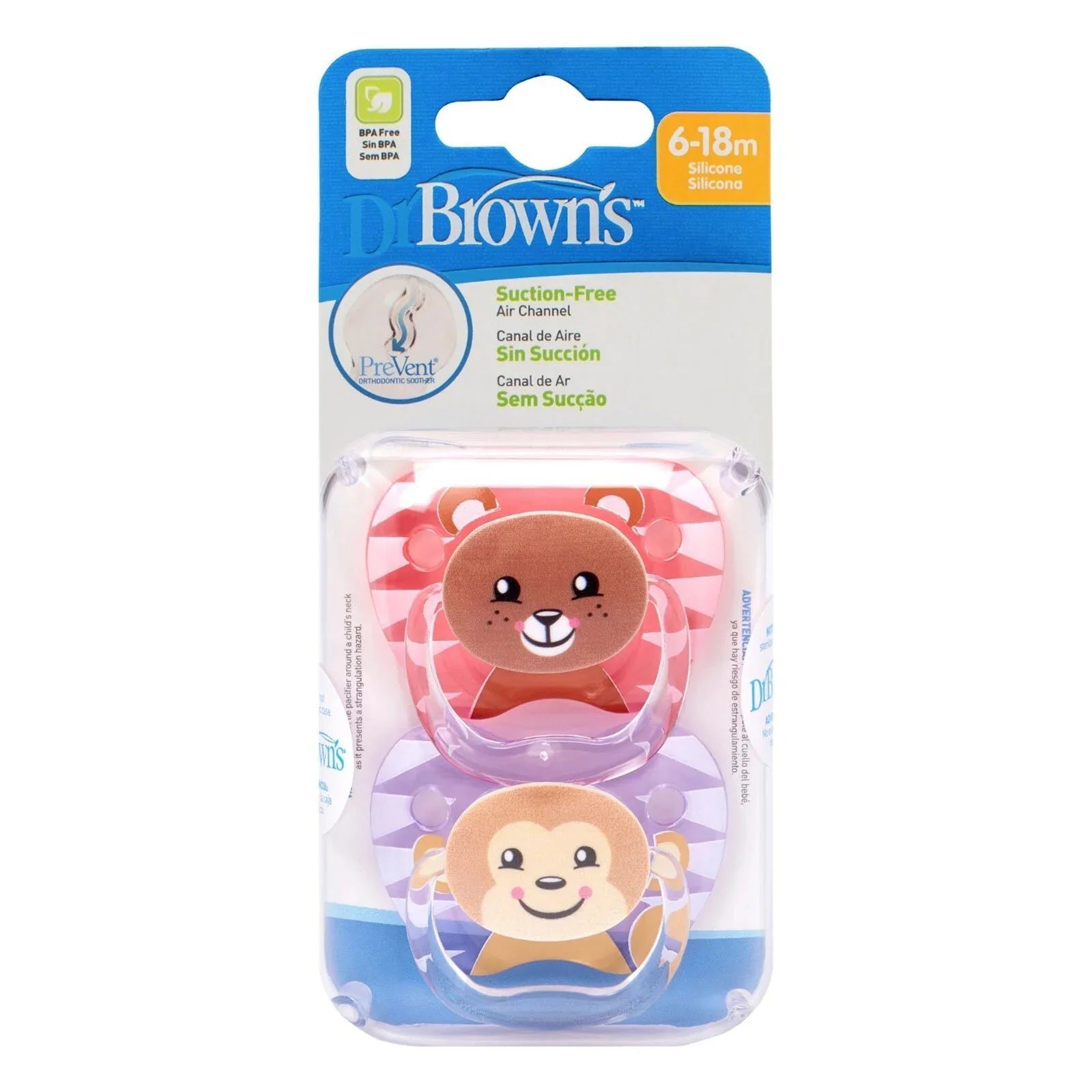 Dr. Brown's Prevent Soothers Animal Faces 6 - 18 months Assorted - Pink - mezetto ebebek ebebek