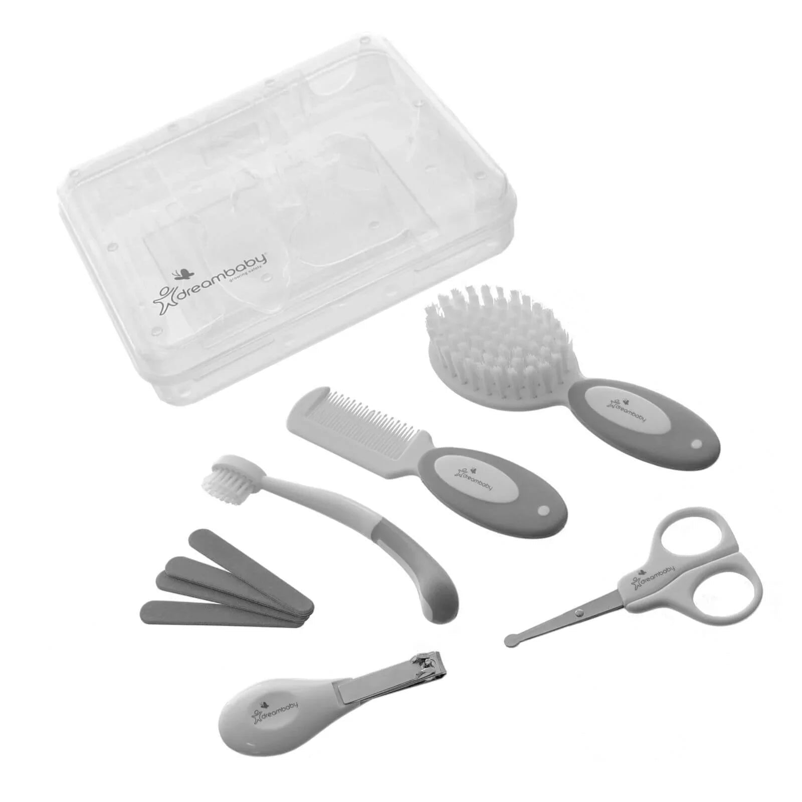 Dreambaby Essentials Deluxe (Ergo Handle) 10 pcs Grooming Kit in Clear Hard Case - Grey - mezetto ebebek ebebek
