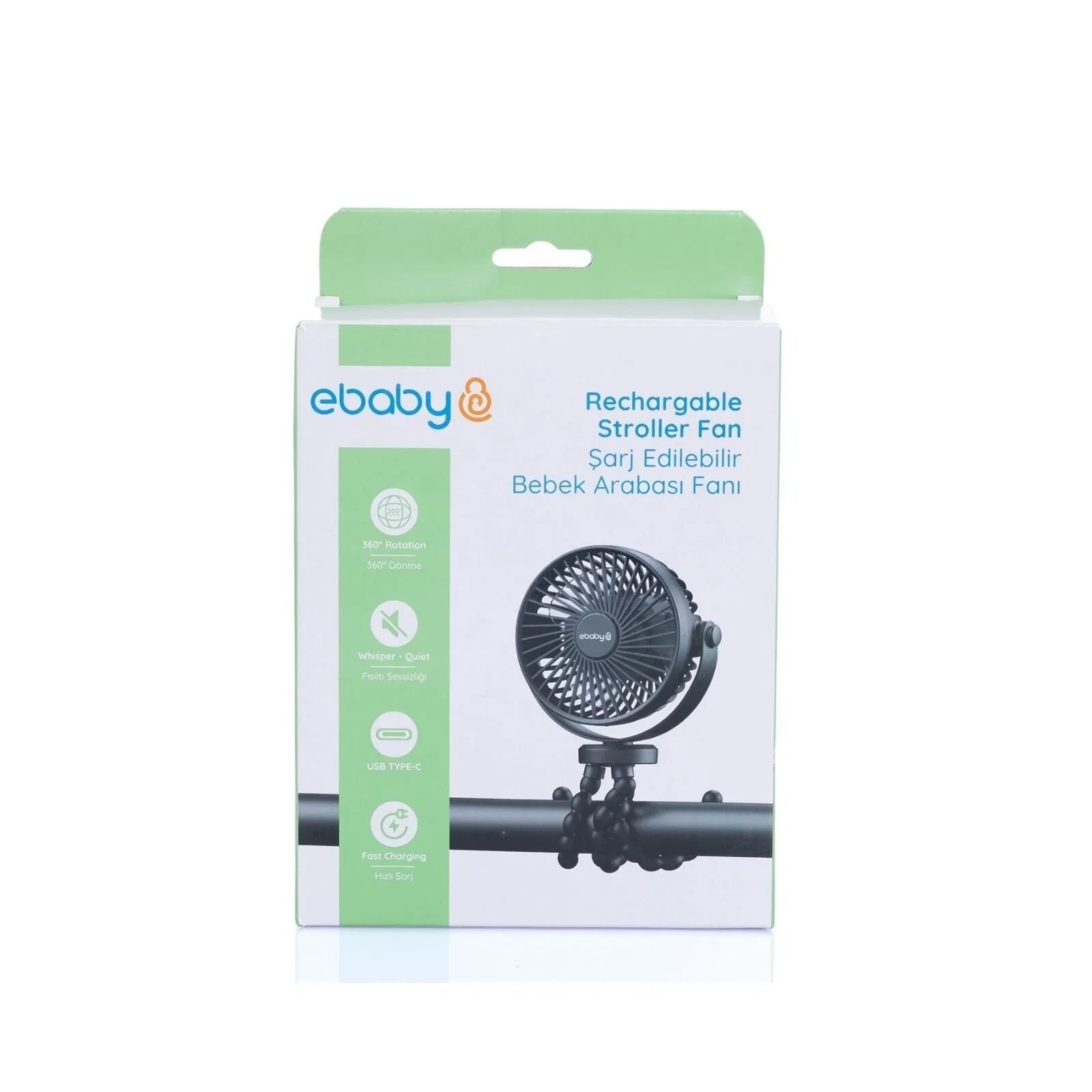 ebaby Rechargeable Stroller Fan - Black - mezetto
