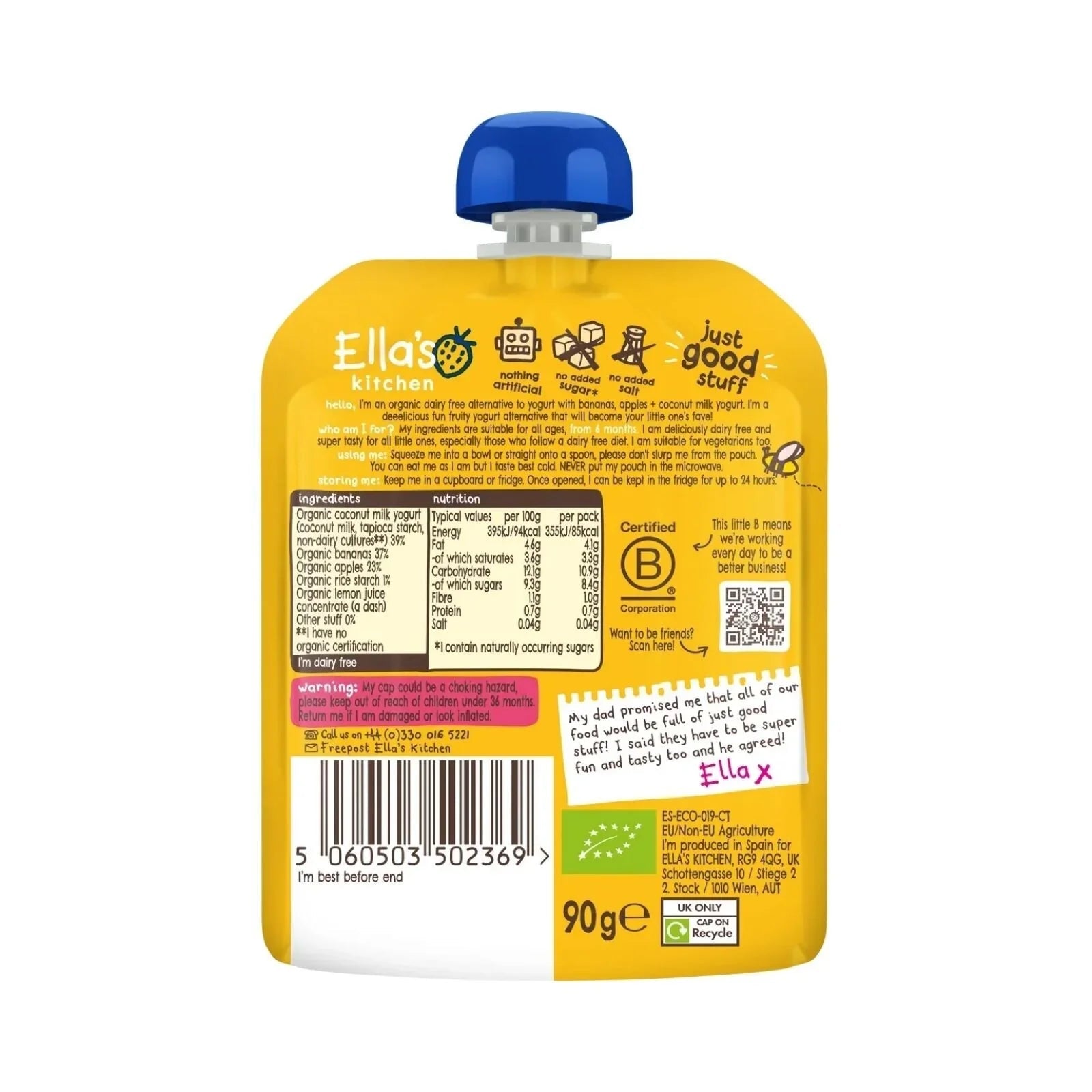 Ella's Kitchen Dairy Free Banana Yogurt Pouch 6+ months 90g - mezetto ebebek ebebek