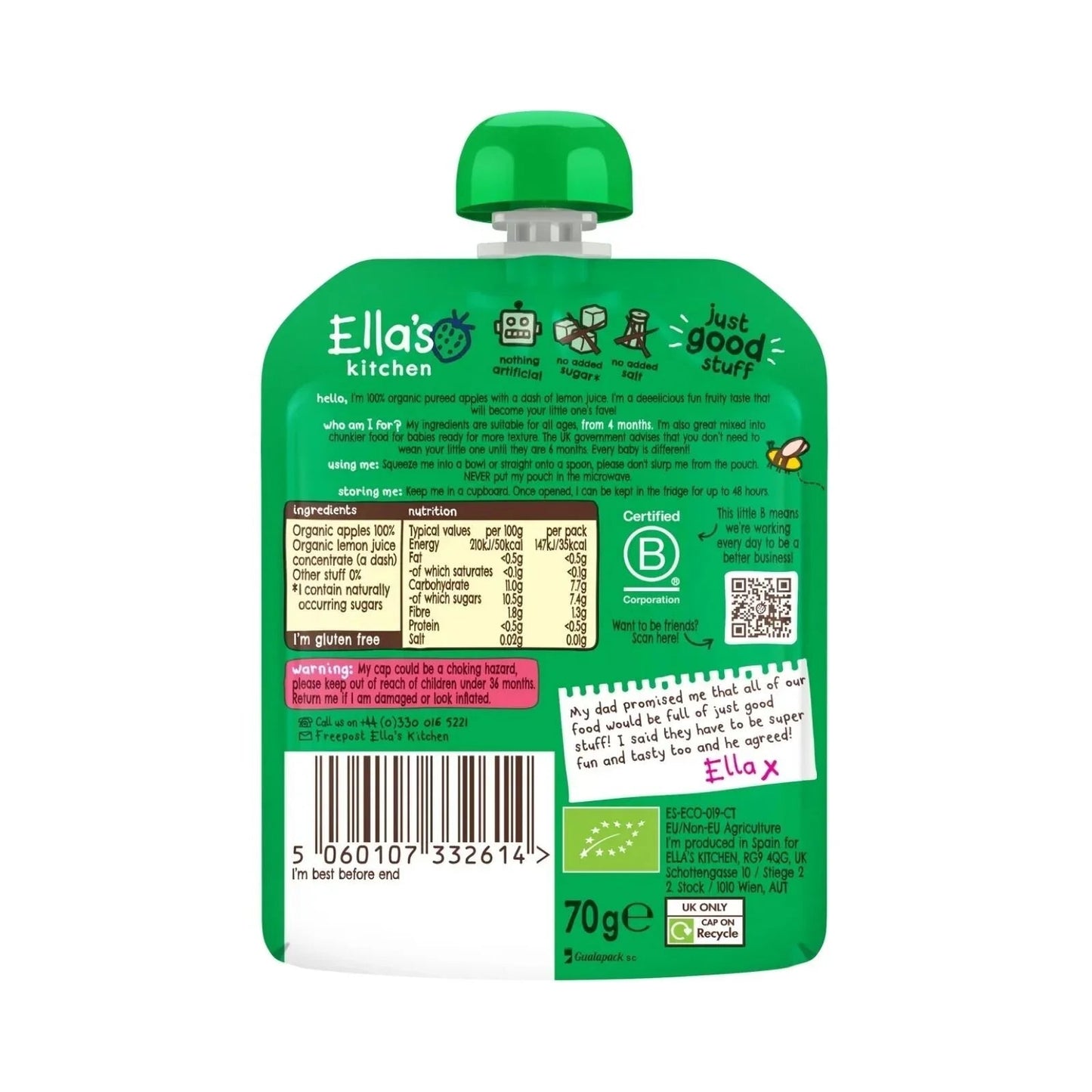 Ella's Kitchen Organic Apples First Tastes Baby Food Pouch 4+ months 70g - mezetto ebebek ebebek