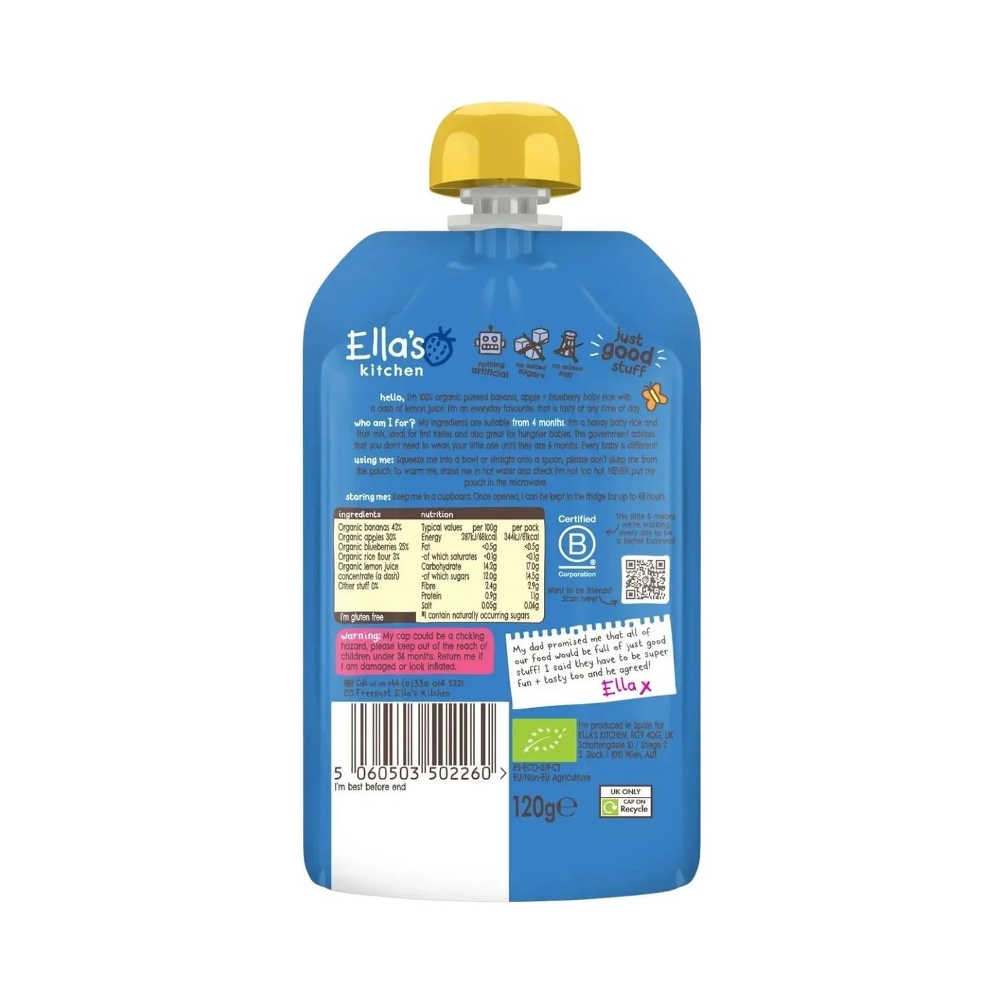 Ella's Kitchen Organic Banana & Blueberries Baby Rice Pouch 4+ months 120g - mezetto ebebek ebebek