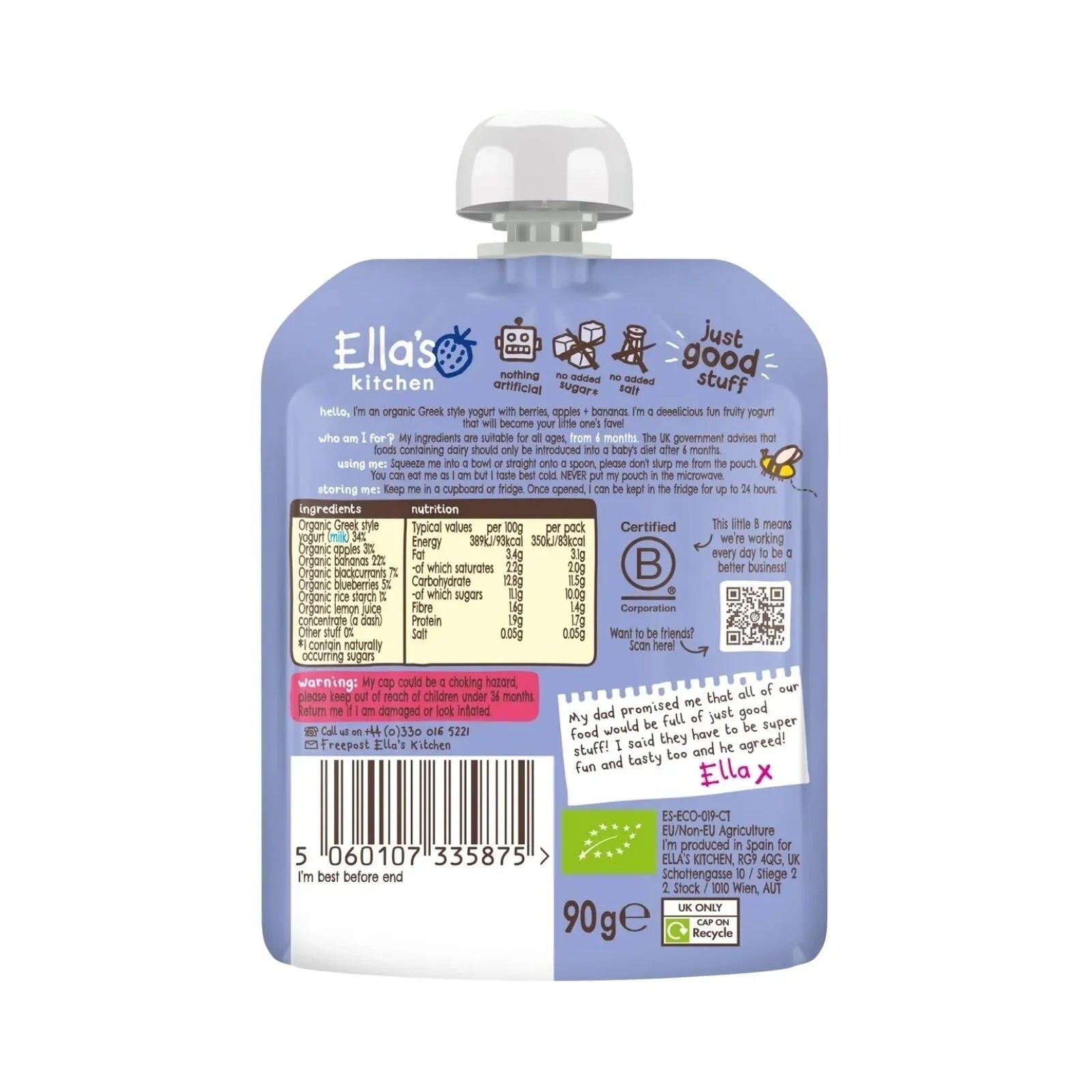 Ella's Kitchen Organic Berry Greek Style Yoghurt Baby Food Pouch 6+ months 90g - mezetto ebebek ebebek