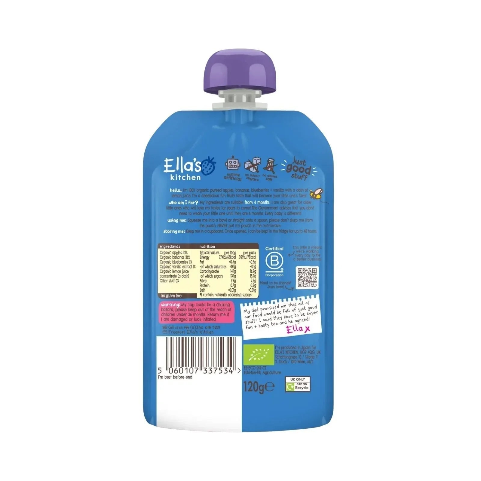 Ella's Kitchen Organic Blueberries Apples Bananas & Vanilla Baby Food Pouch 4+ months 120g - mezetto ebebek ebebek