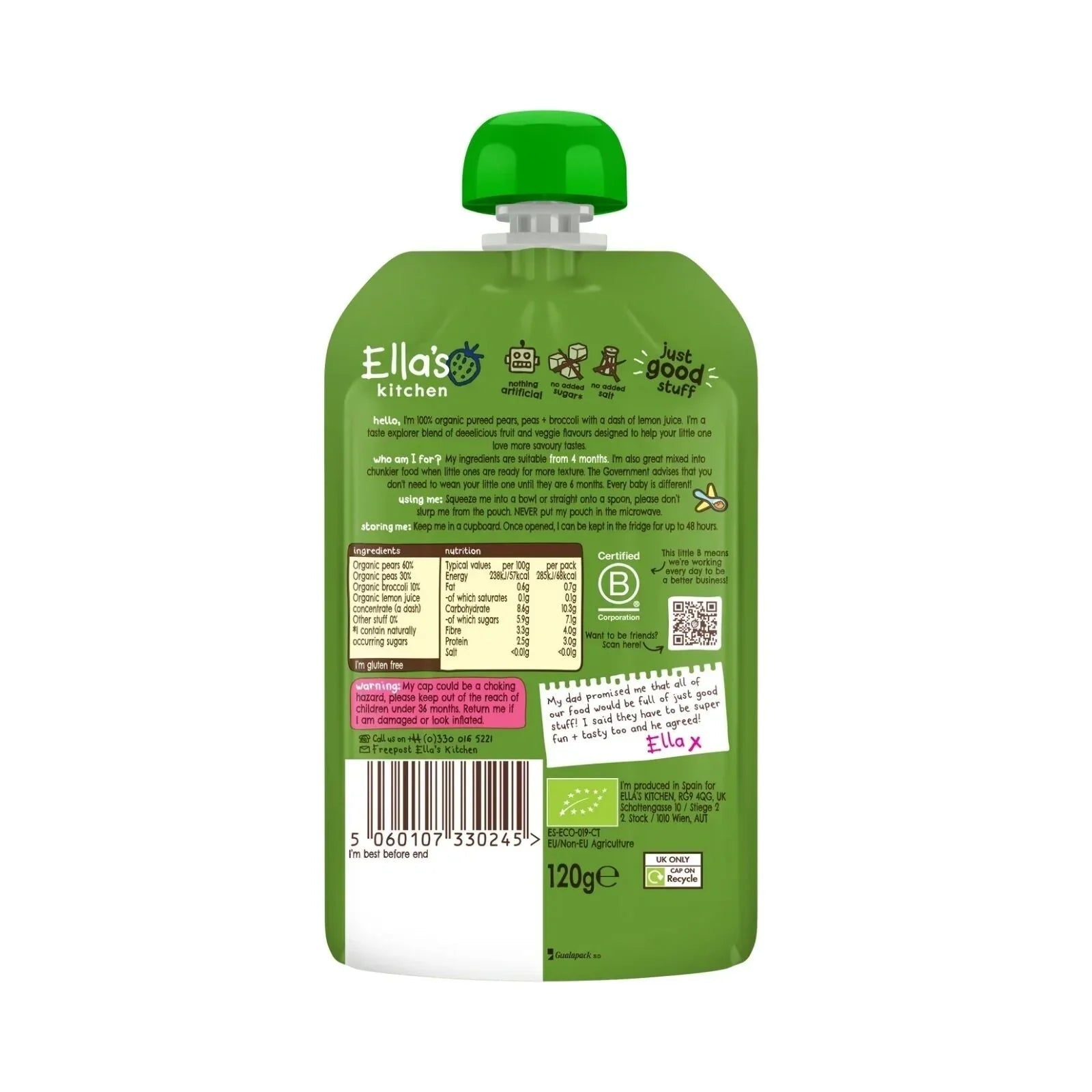 Ella's Kitchen Organic Broccoli Pears & Peas Pouch 4+ months 120g - mezetto ebebek ebebek