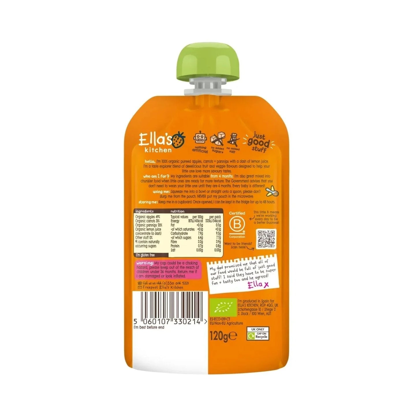 Ella's Kitchen Organic Carrots Apples & Parsnips Baby Food Pouch 4+ months 120g - mezetto ebebek ebebek