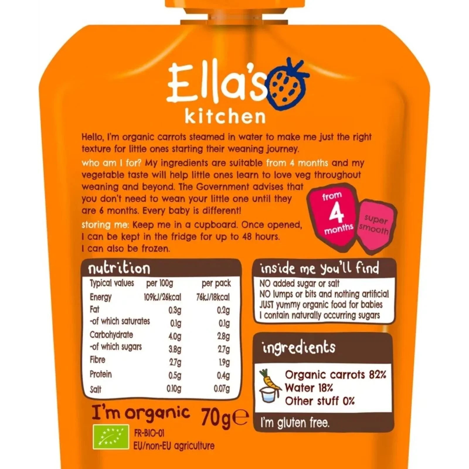 Ella's Kitchen Organic Carrots First Taste Baby Food Pouch 4+ months 70g - mezetto ebebek ebebek