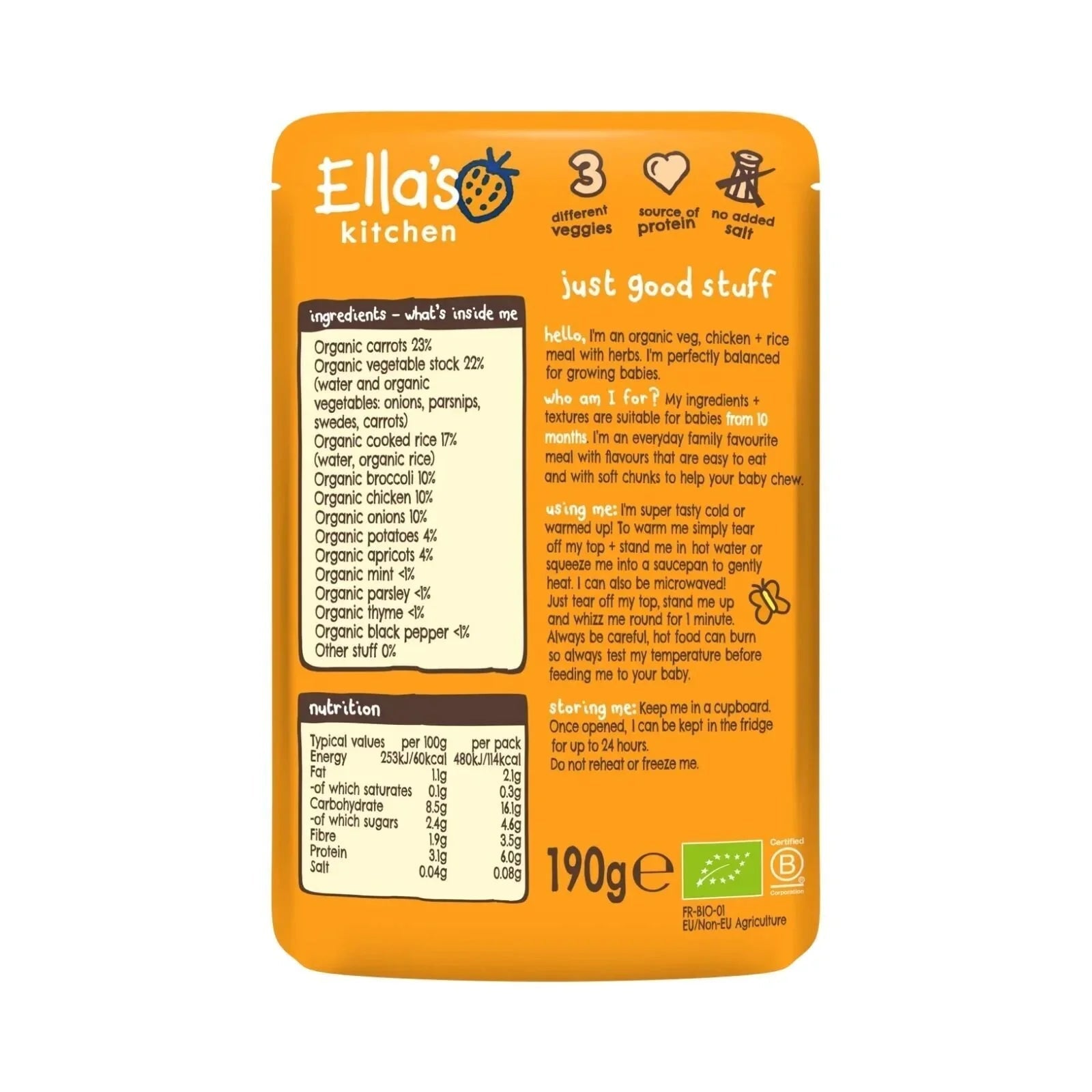 Ella's Kitchen Organic Chicken & Rice Casserole Baby Food Pouch 10+ months 190g - mezetto ebebek ebebek
