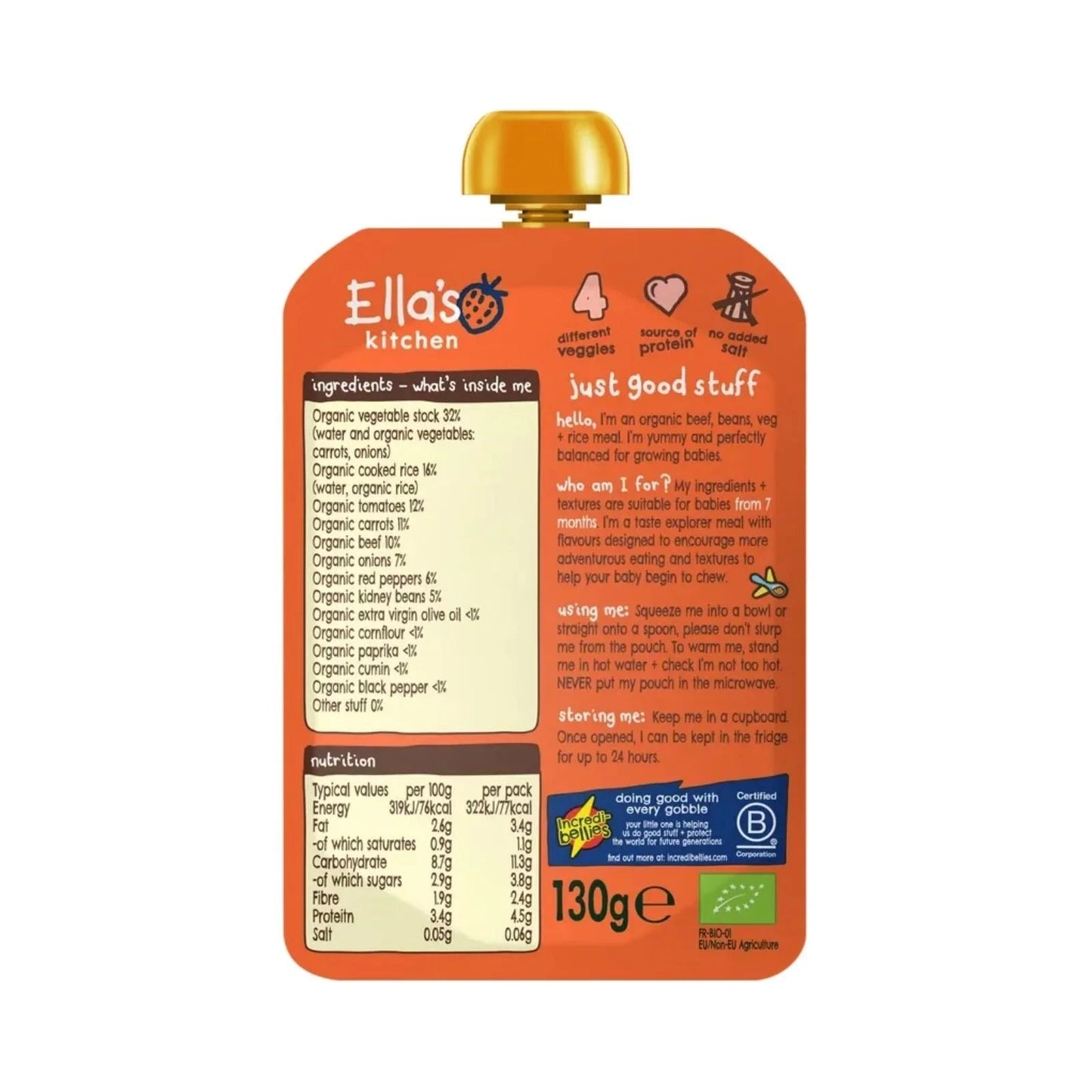 Ella's Kitchen Organic Chilli Con Carne Baby Food Pouch 7+ months 130g - mezetto ebebek ebebek