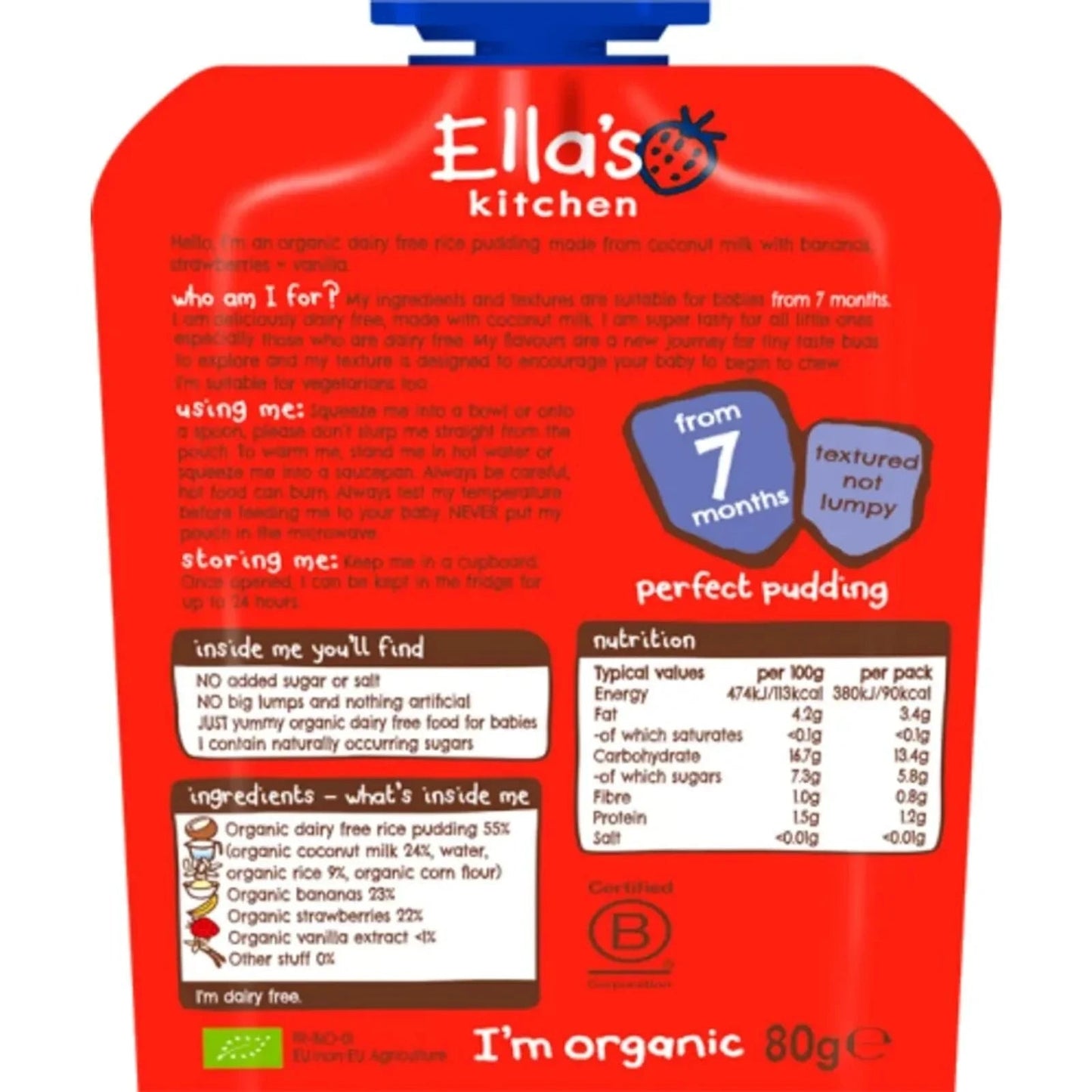 Ella's Kitchen Organic Dairy Free Rice Pudding with Bananas & Strawberries Baby Pouch 7+ months 80g - mezetto ebebek ebebek