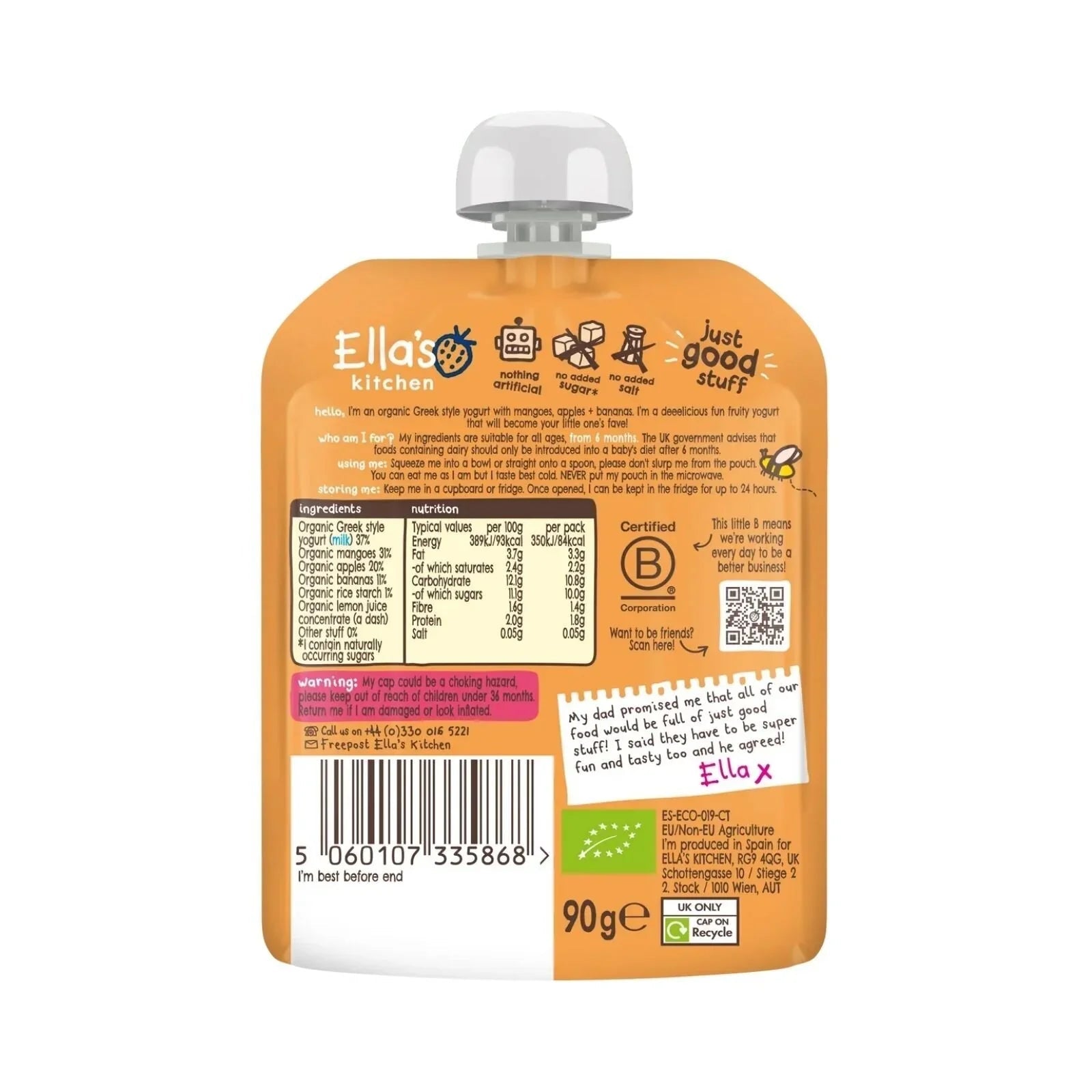Ella's Kitchen Organic Mango Greek Style Yoghurt Baby Food Pouch 6+ months 90g - mezetto ebebek ebebek