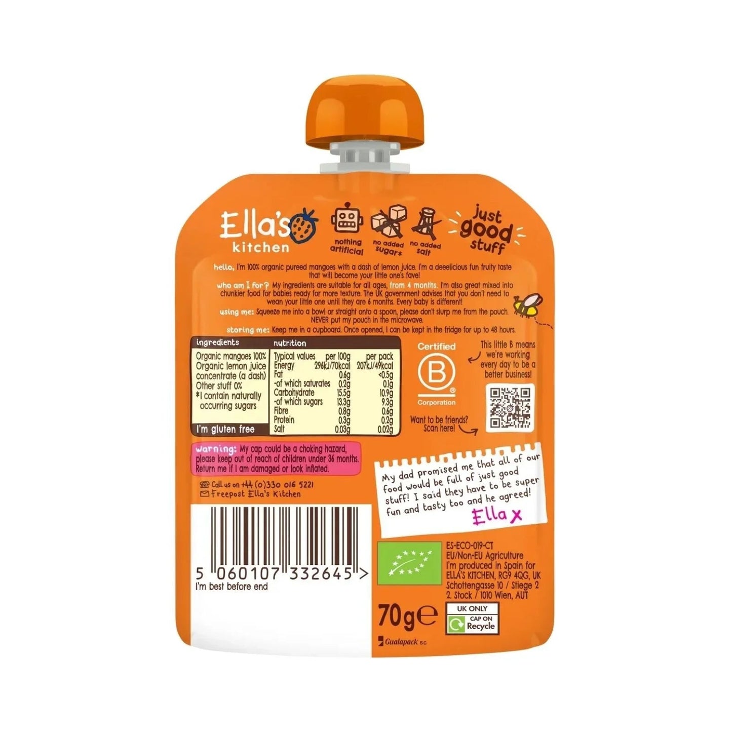 Ella's Kitchen Organic Mangoes First Tastes Baby Food Pouch 4+ months 70g - mezetto ebebek ebebek