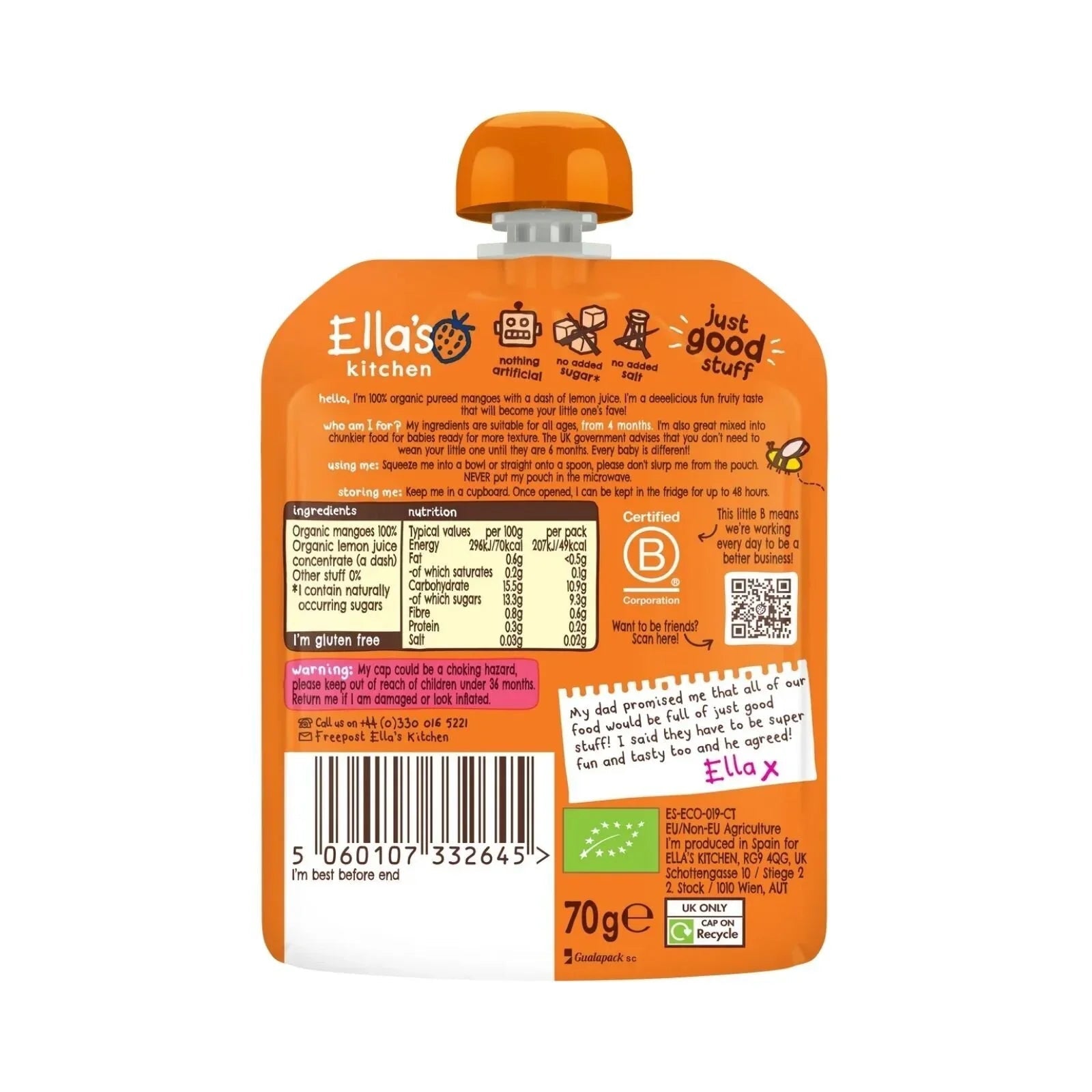 Ella's Kitchen Organic Mangoes First Tastes Baby Food Pouch 4+ months 70g - mezetto ebebek ebebek