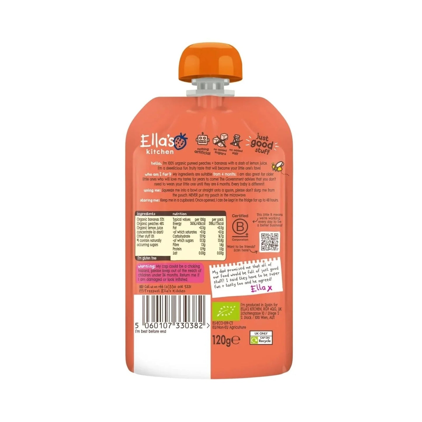 Ella's Kitchen Organic Peaches & Bananas Baby Food Pouch 4+ months 120g - mezetto ebebek ebebek