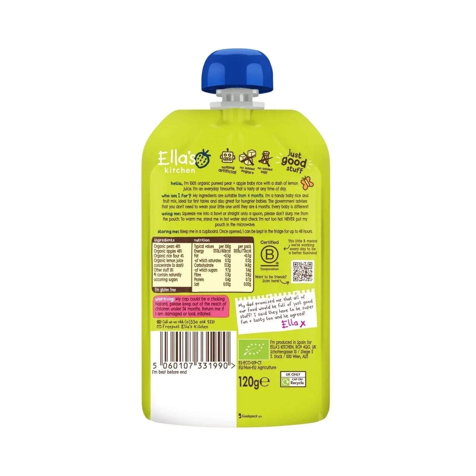 Ella's Kitchen Organic Pear & Apple Baby Rice Baby Pouch 4+ months 120g - mezetto ebebek ebebek