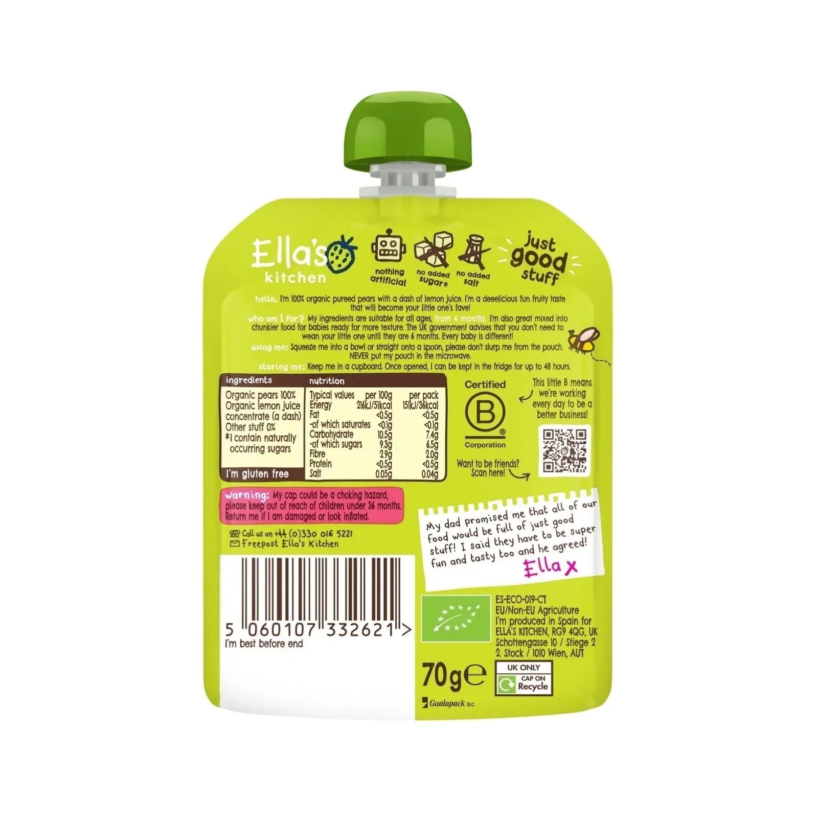 Ella's Kitchen Organic Pears First Tastes Baby Food Pouch 4+ months 70g - mezetto ebebek ebebek