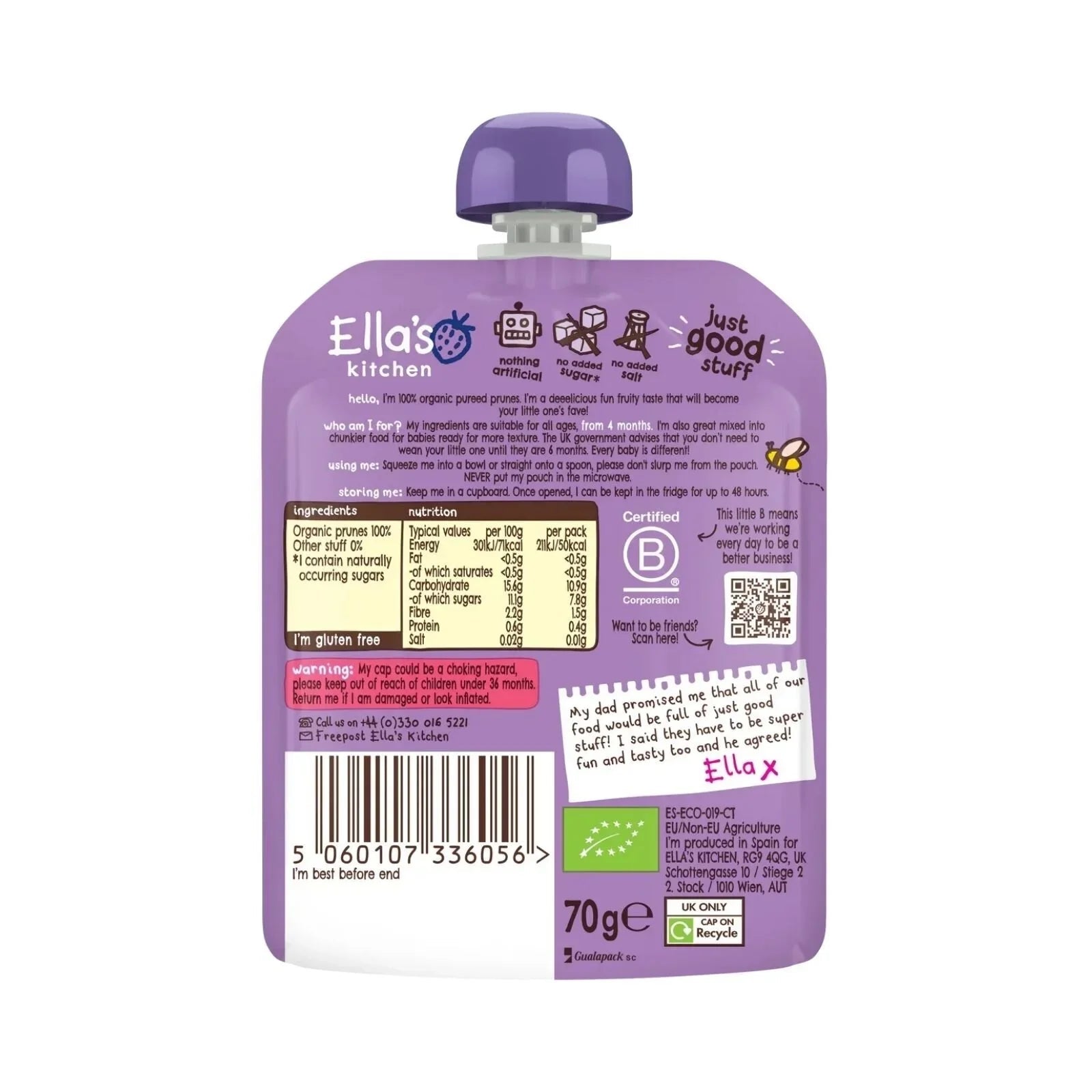 Ella's Kitchen Organic Prunes First Tastes Baby Food Pouch 4+ months 70g - mezetto ebebek ebebek
