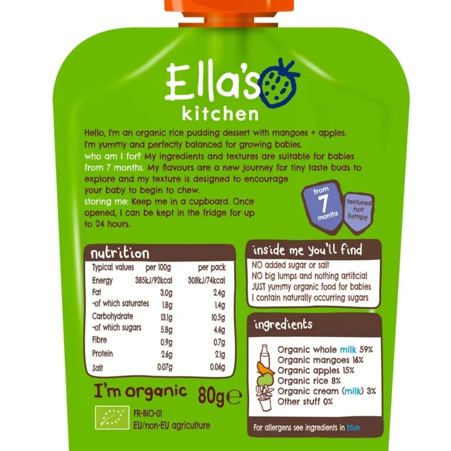 Ella's Kitchen Organic Rice Pudding with Mangoes & Apples Baby Pouch 7+ months 80g - mezetto ebebek ebebek