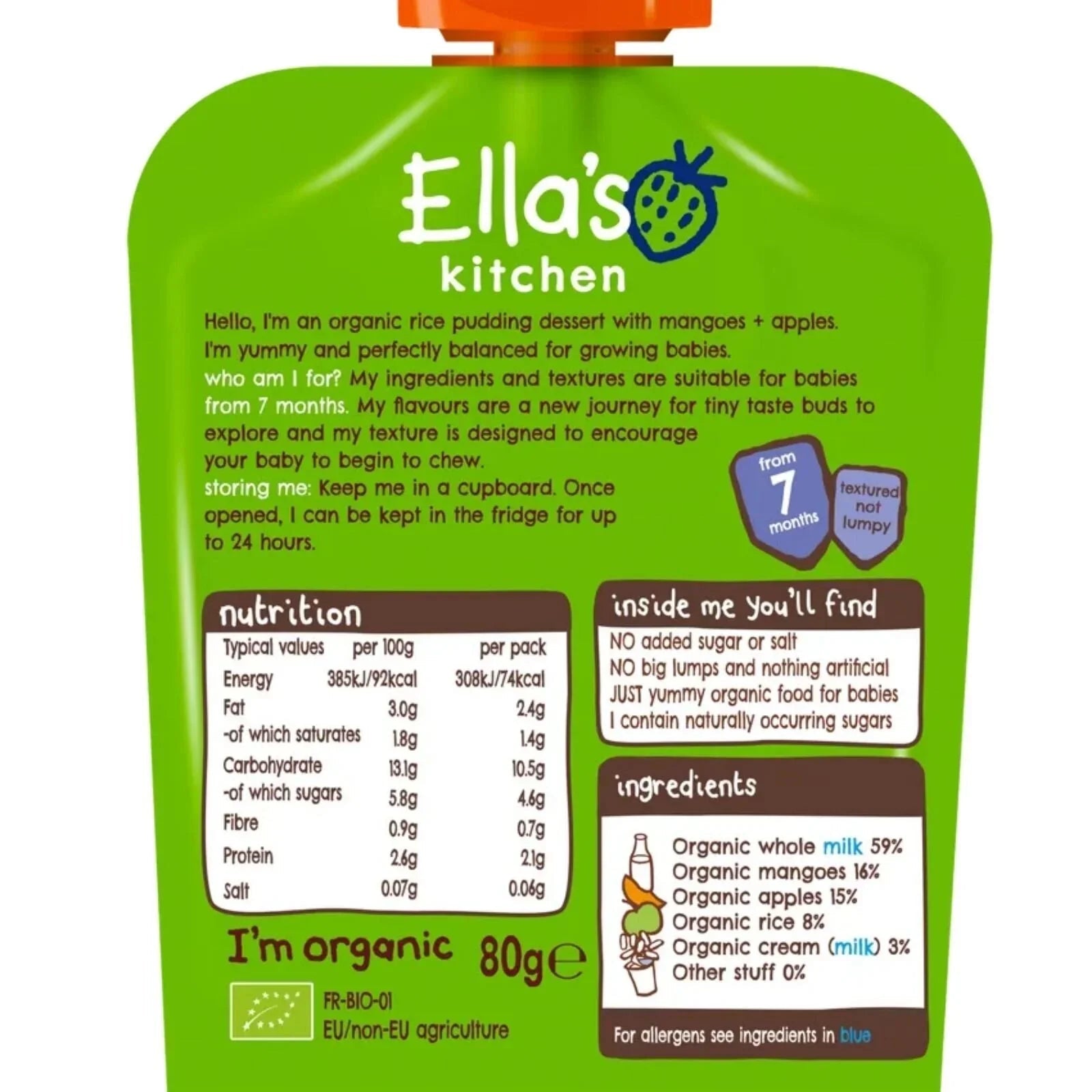 Ella's Kitchen Organic Rice Pudding with Mangoes & Apples Baby Pouch 7+ months 80g - mezetto ebebek ebebek