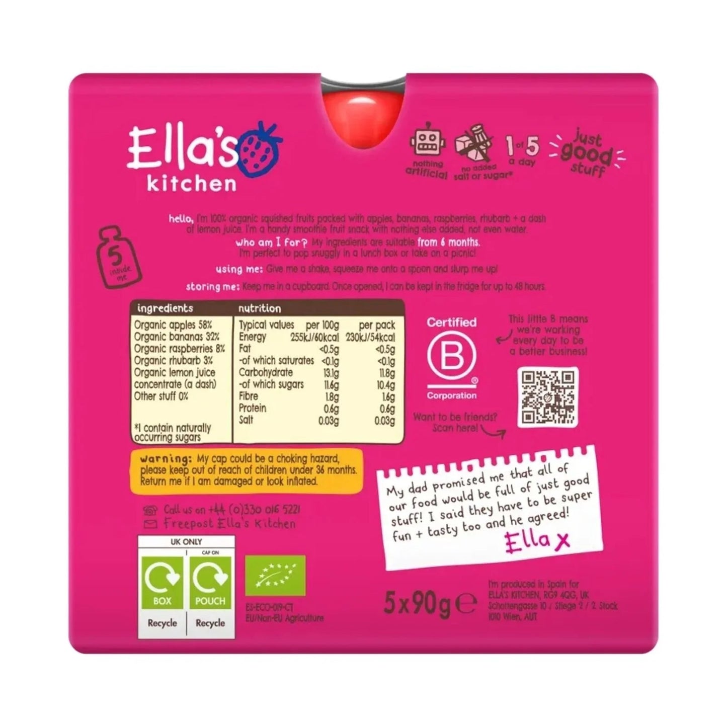 Ella's Kitchen Organic Smoothie The Pink One Multipack Baby Food Pouch 6+ months 450g (5x90g) - mezetto ebebek ebebek