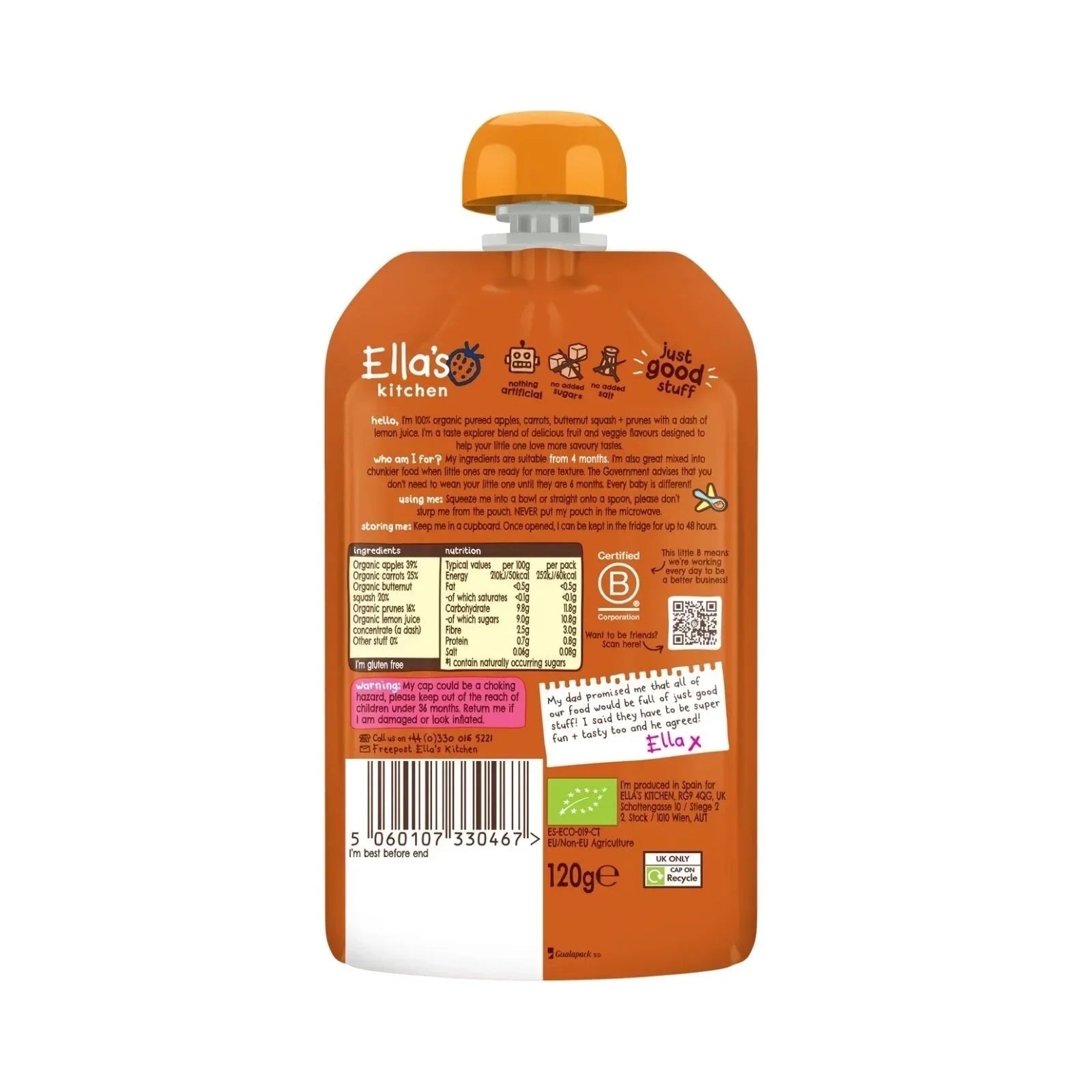 Ella's Kitchen Organic Squash Carrots Apples & Prunes Pouch 4+ months 120g - mezetto ebebek ebebek