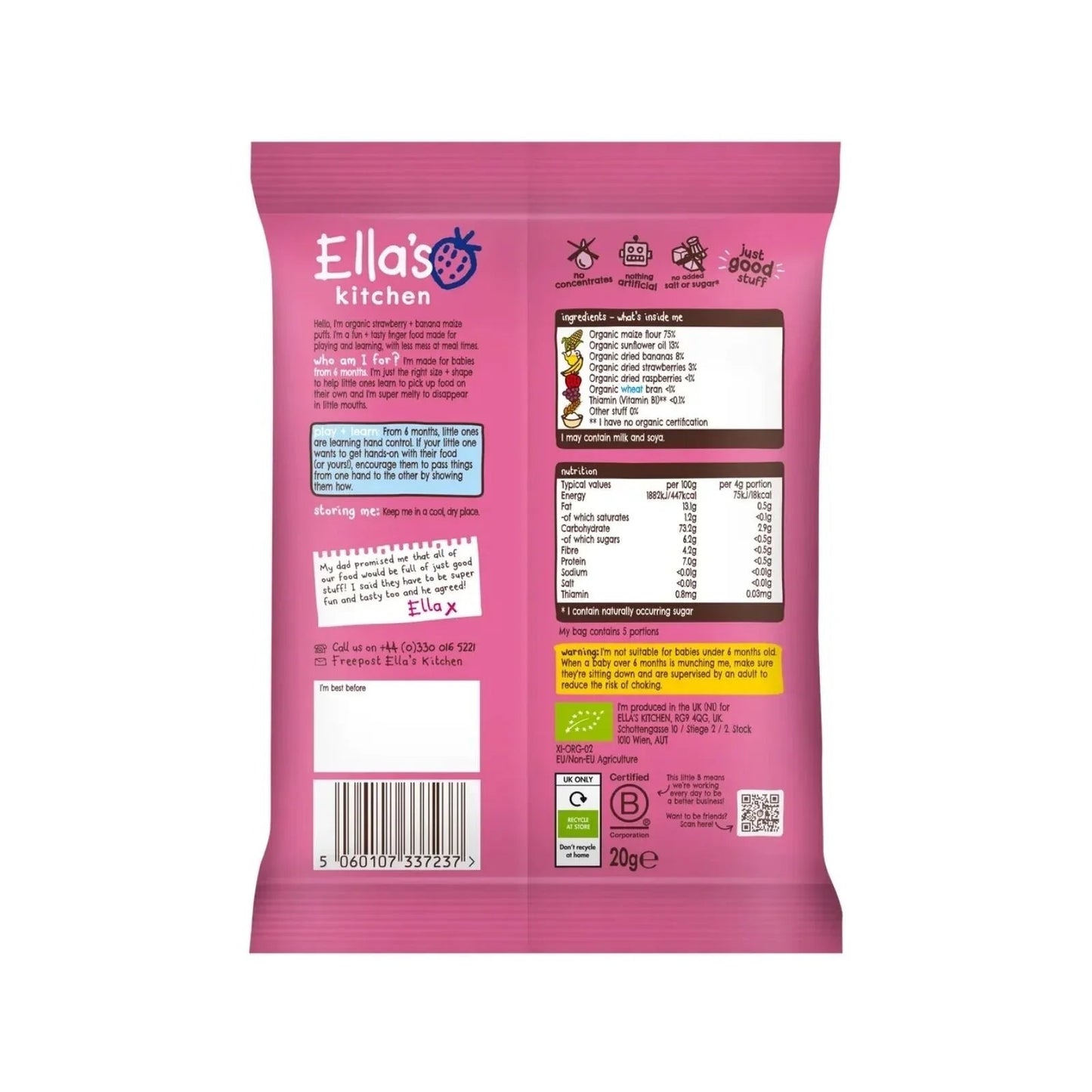 Ella's Kitchen Organic Strawberry & Banana Melty Puffs Baby Snack 6+ months 20g - mezetto ebebek ebebek