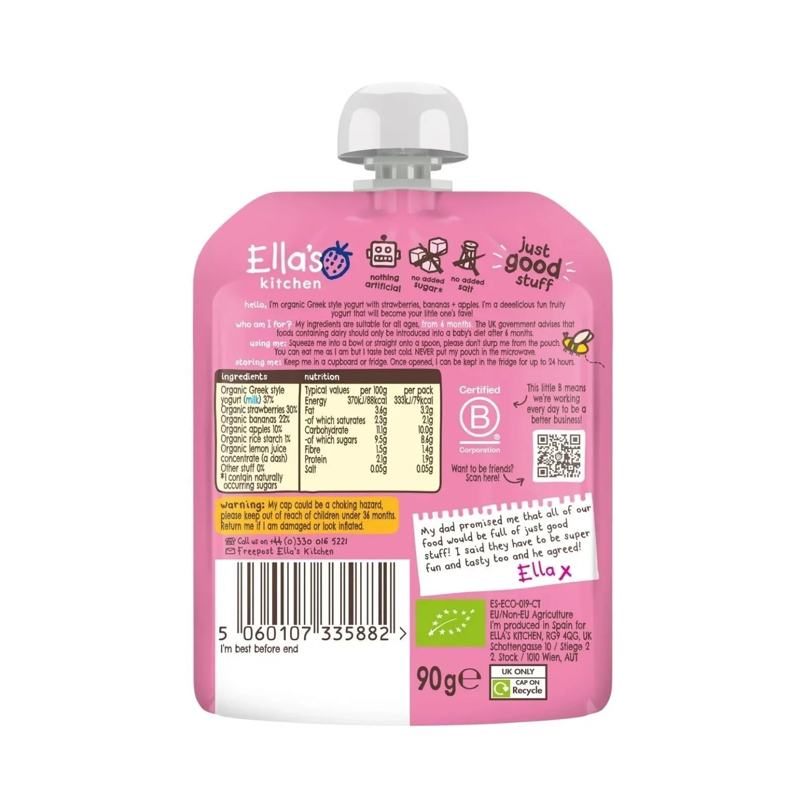 Ella's Kitchen Organic Strawberry Greek Style Yoghurt Baby Food Pouch 6+ months 90g - mezetto ebebek ebebek