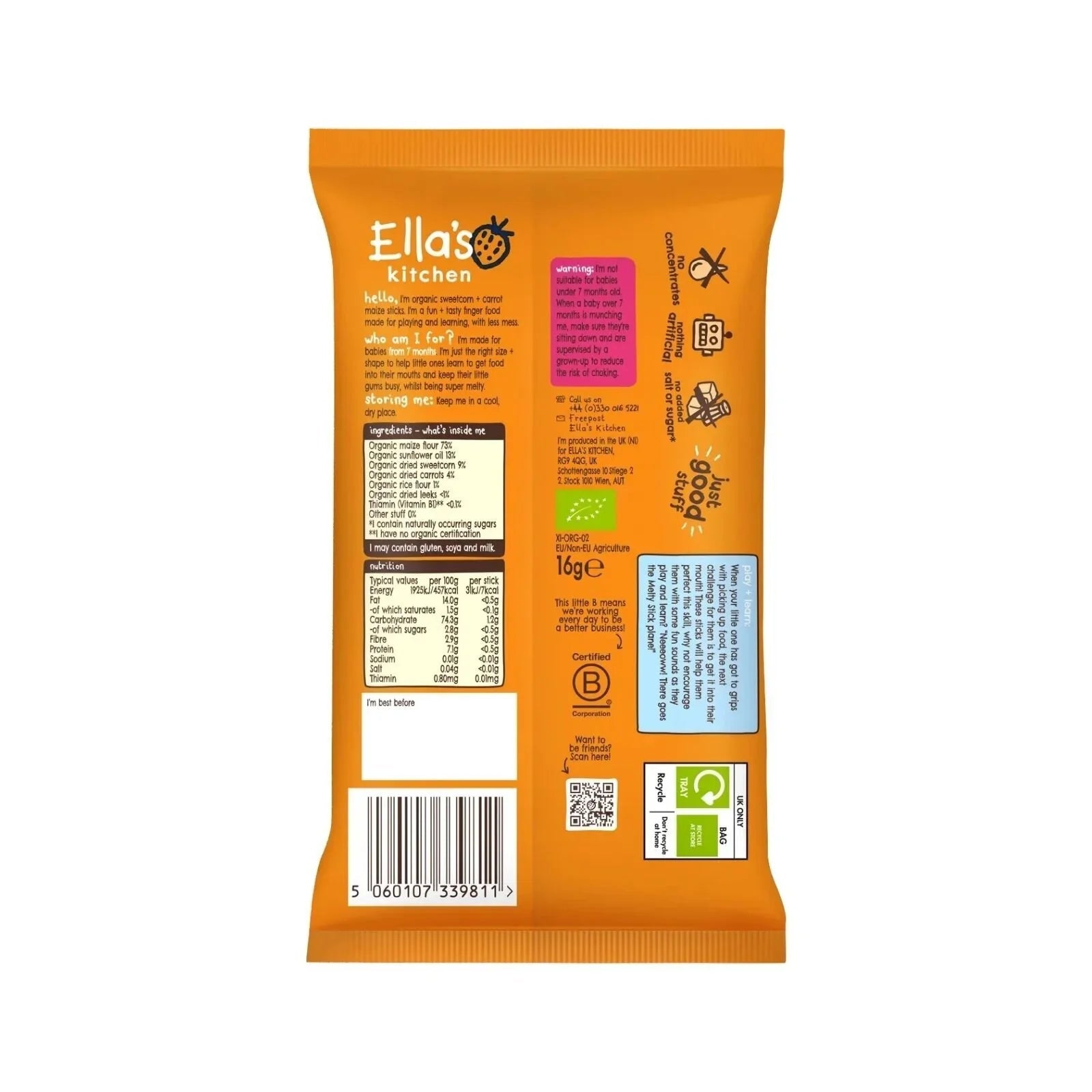 Ella's Kitchen Organic Sweetcorn & Carrot Melty Sticks Baby Snack 7+ months 16g - mezetto ebebek ebebek