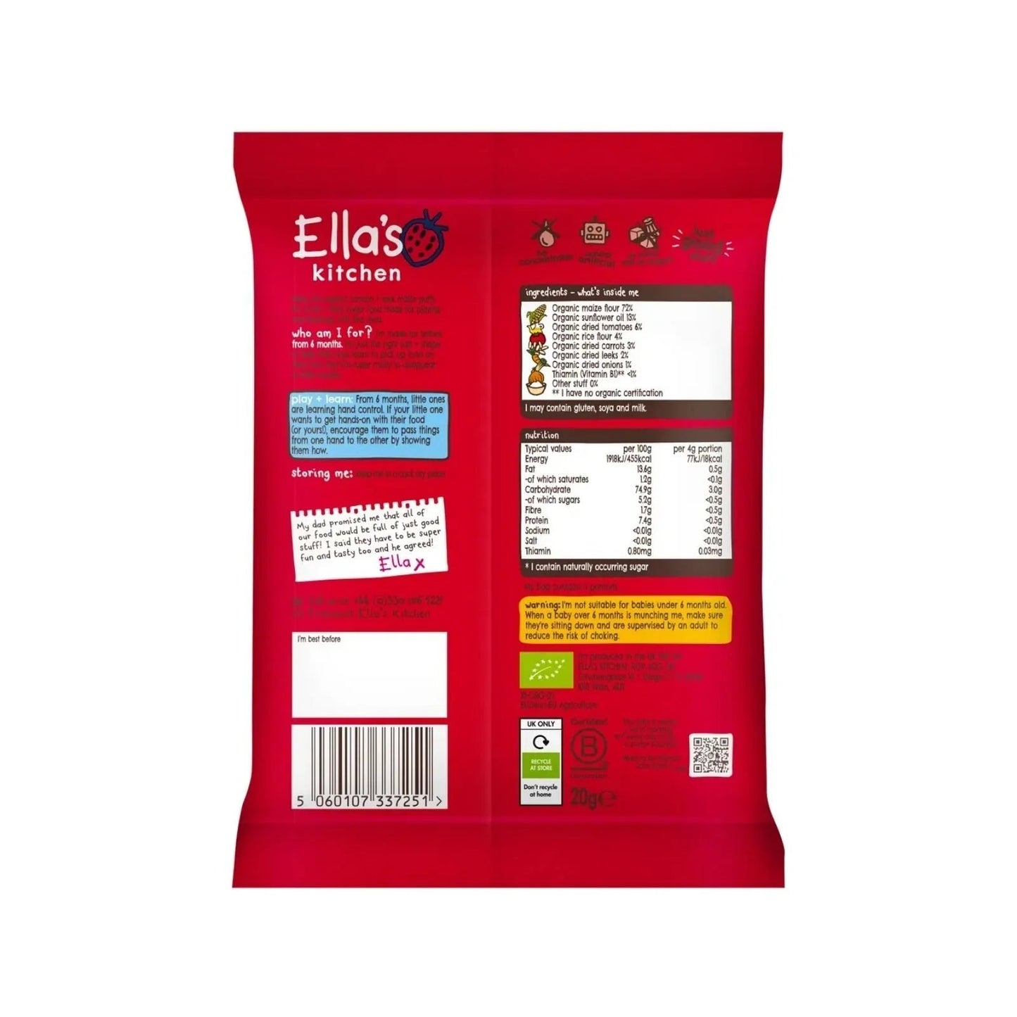 Ella's Kitchen Organic Tomato & Leek Melty Puffs Baby Snack 6+ months 20g - mezetto ebebek ebebek