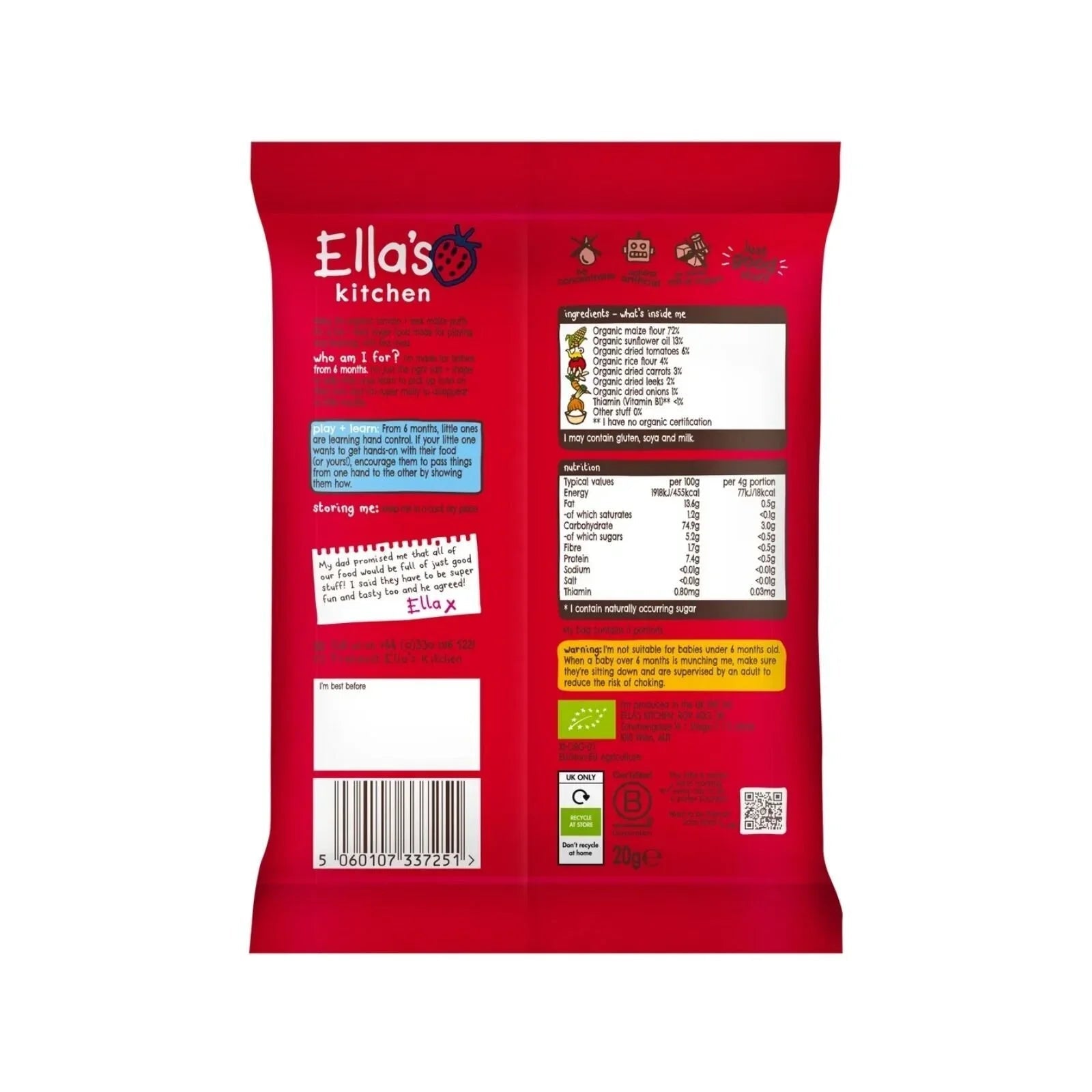 Ella's Kitchen Organic Tomato & Leek Melty Puffs Baby Snack 6+ months 20g - mezetto ebebek ebebek