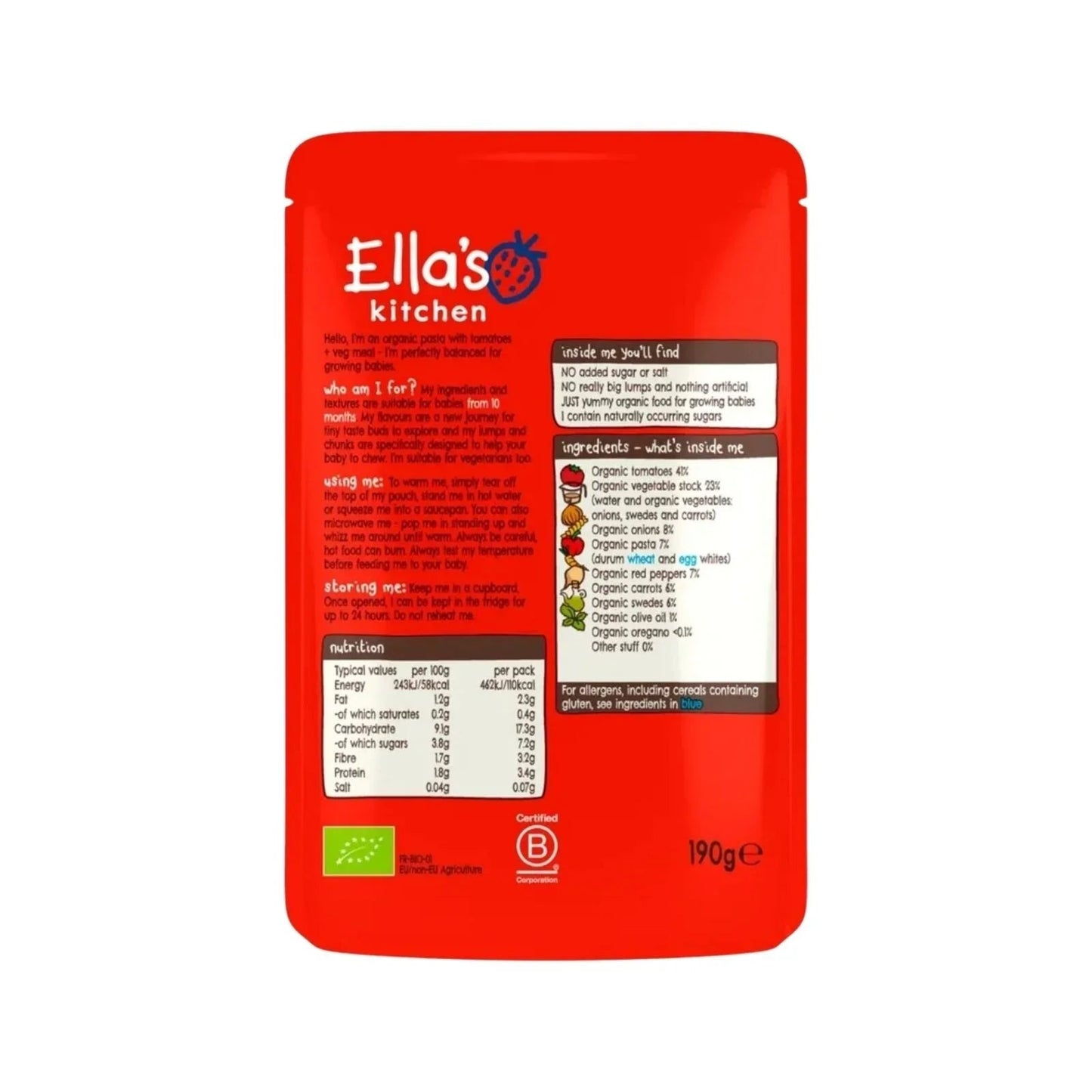 Ella's Kitchen Organic Tomato Pasta with Vegetables 10+ months 190g - mezetto ebebek ebebek