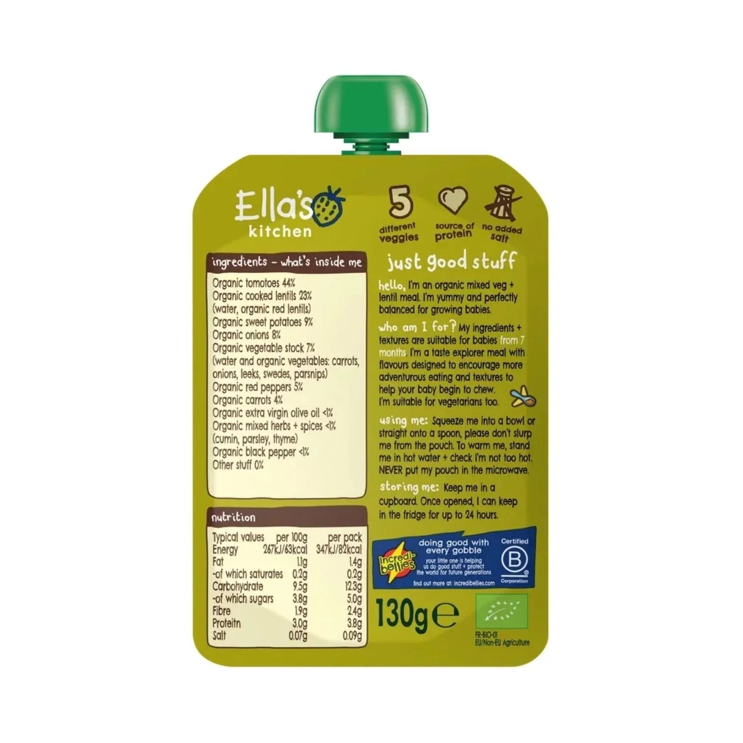 Ella's Kitchen Organic Vegetable & Lentil Bake Baby Food Pouch 7+ months 130g - mezetto ebebek ebebek
