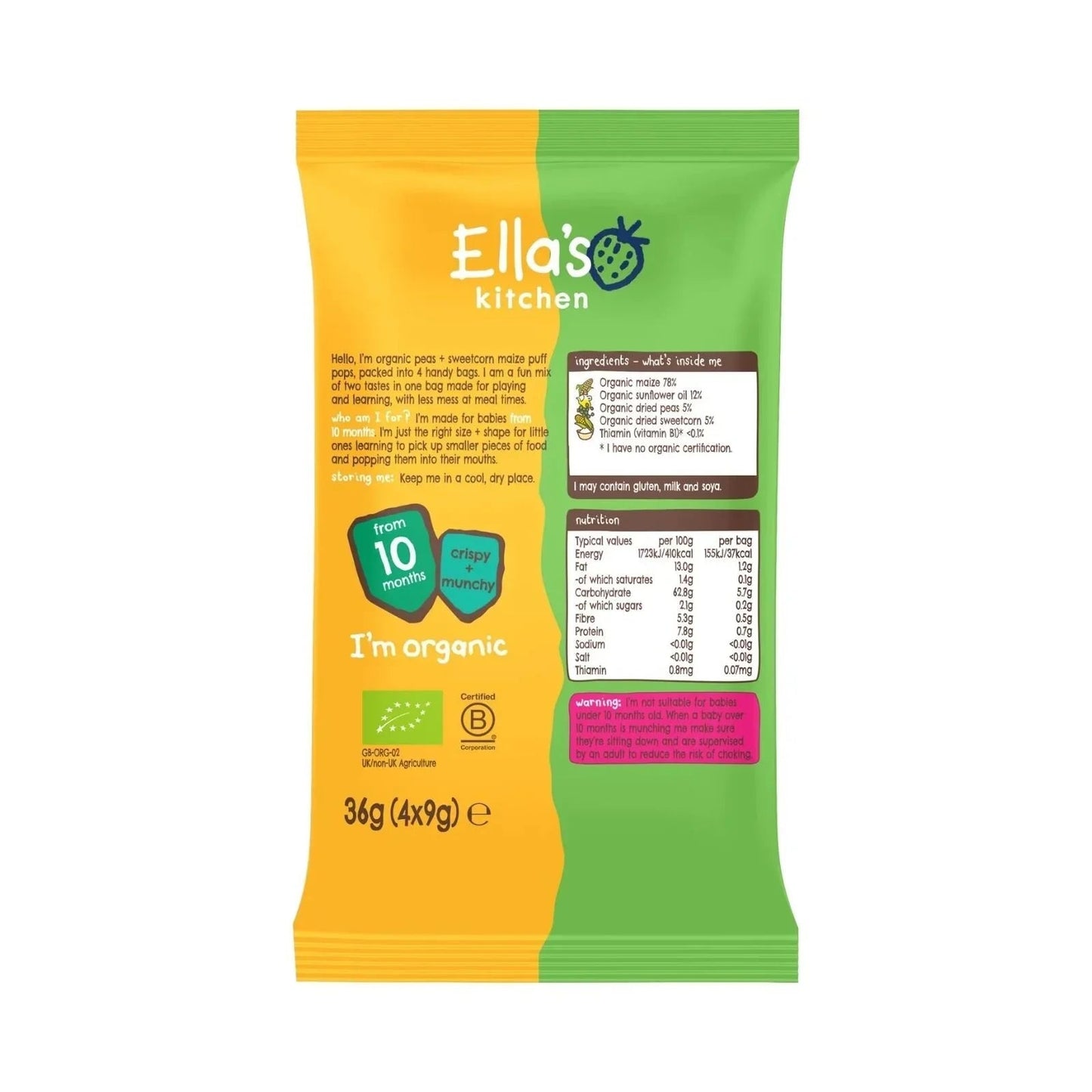 Ella's Kitchen Pea & Sweetcorn Puff Pops 10+ months 36g (4x9g) - mezetto ebebek ebebek