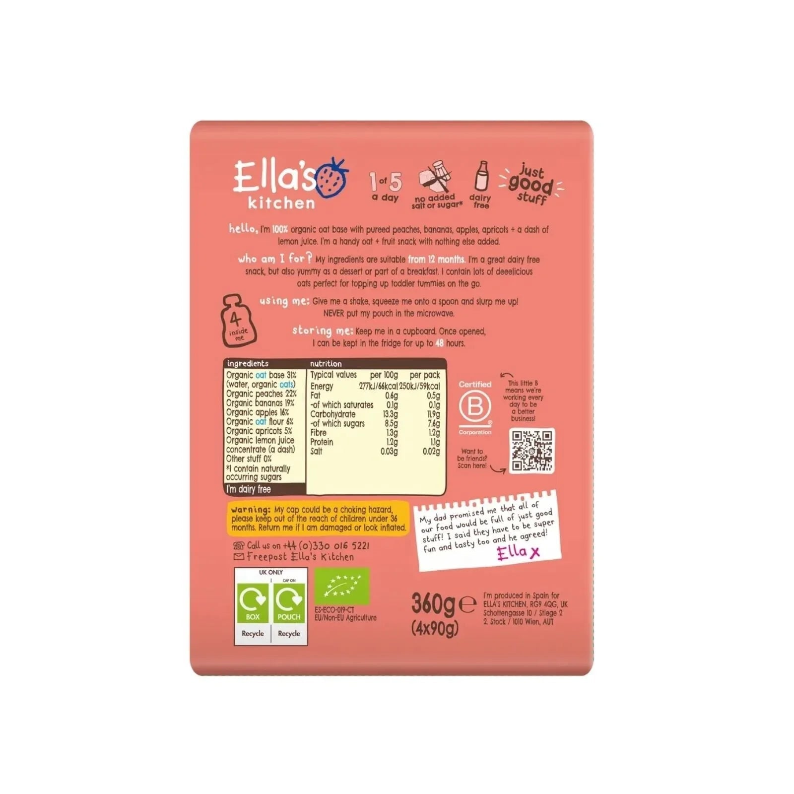 Ella's Kitchen Peach & Banana Oaty Smooshy 12+ months 360g (4x90g) - mezetto ebebek ebebek
