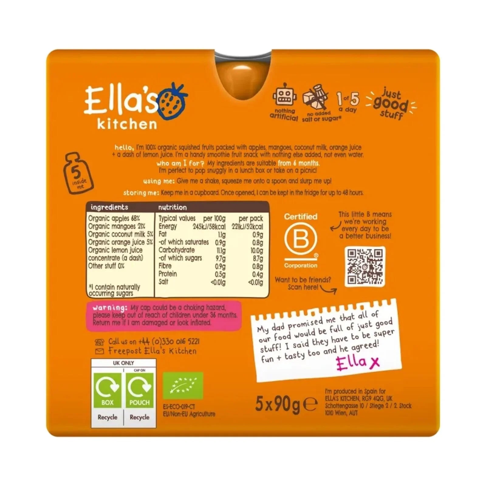 Ella's Kitchen Smoothie Organic The Orange One Multipack Baby Food Pouch 6+ months 450g (5x90g) - mezetto ebebek ebebek