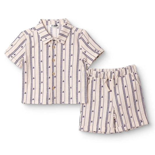 HelloBaby Boys Shirt & Shorts Set Buttoned Little Sailor Shirt Collar Above the Knee Short Sleeve - Ecru Printed
