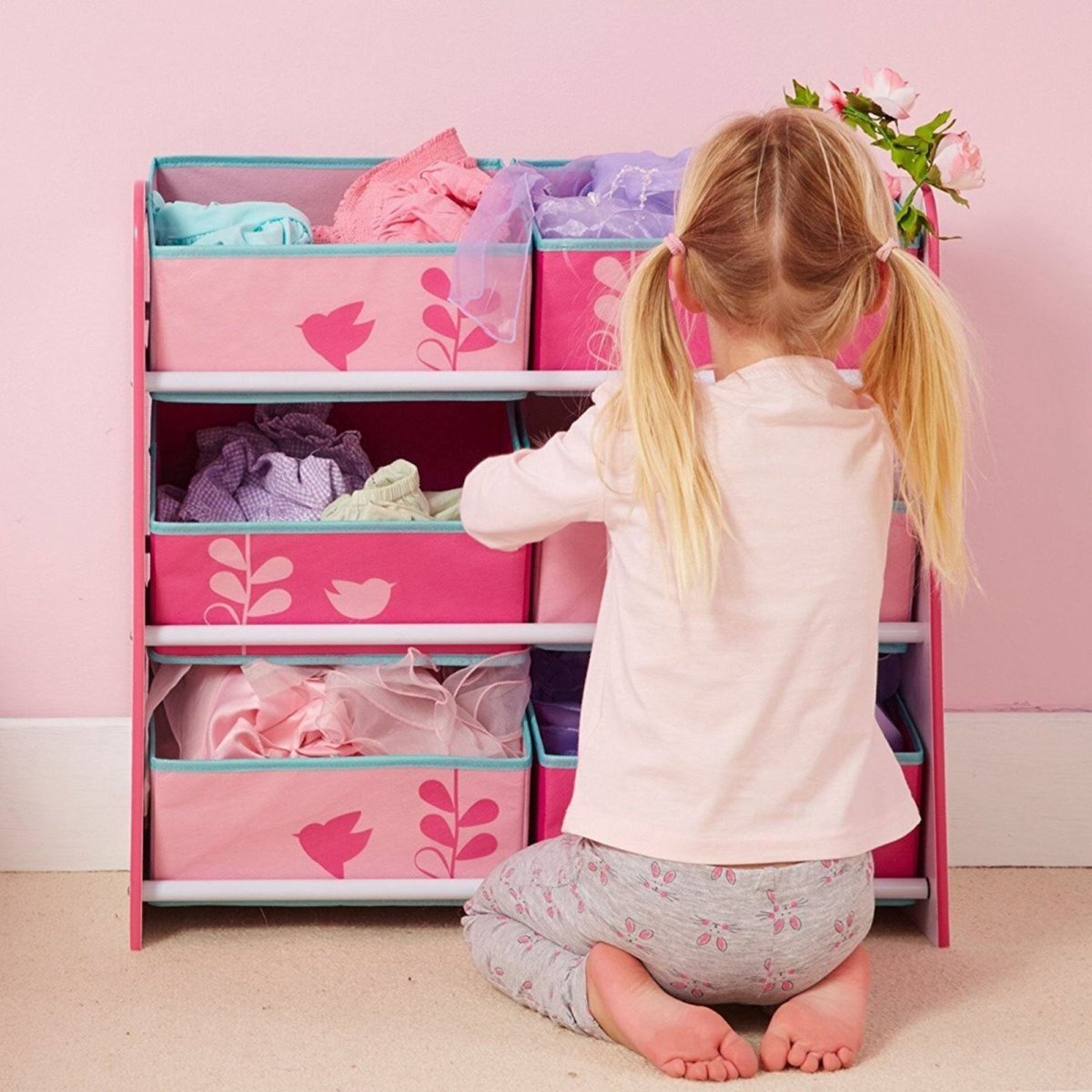 Hello Home Kids Bedroom Toy Storage Unit with 6 Fabric Storage Boxes - Flowers and Birds - mezetto ebebek ebebek