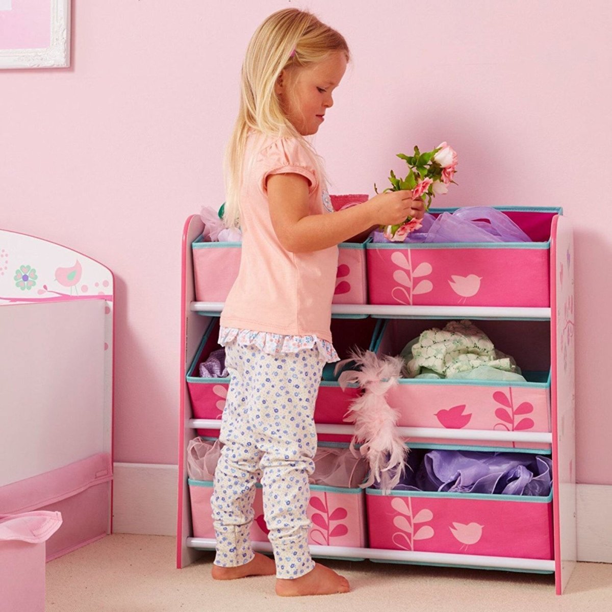 Hello Home Kids Bedroom Toy Storage Unit with 6 Fabric Storage Boxes - Flowers and Birds - mezetto ebebek ebebek