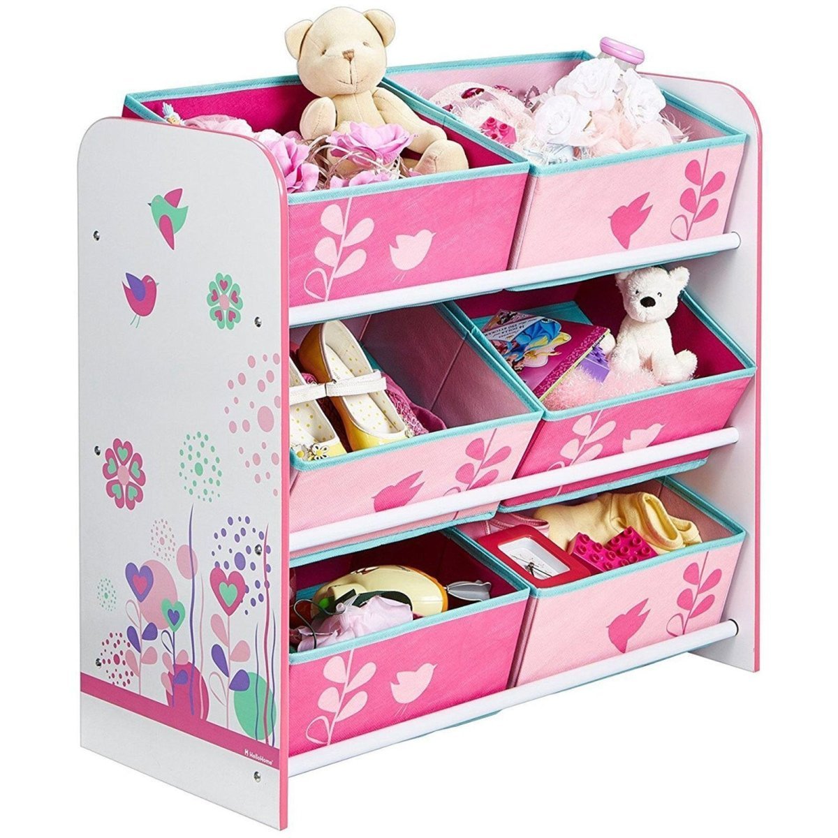 Hello Home Kids Bedroom Toy Storage Unit with 6 Fabric Storage Boxes - Flowers and Birds - mezetto ebebek ebebek