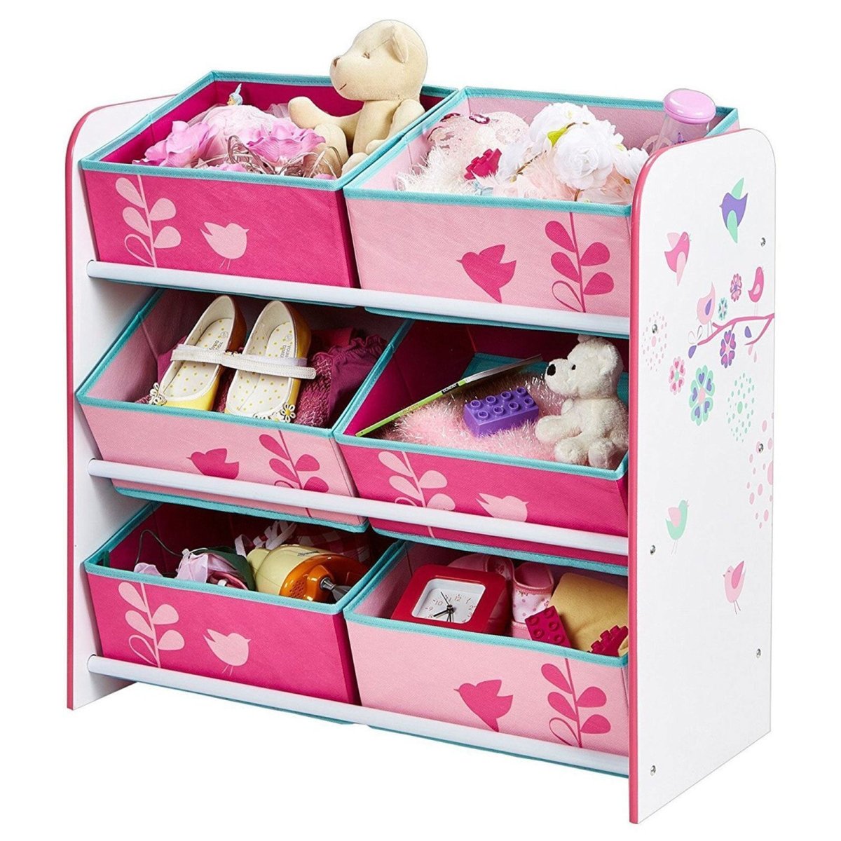 Hello Home Kids Bedroom Toy Storage Unit with 6 Fabric Storage Boxes - Flowers and Birds - mezetto ebebek ebebek