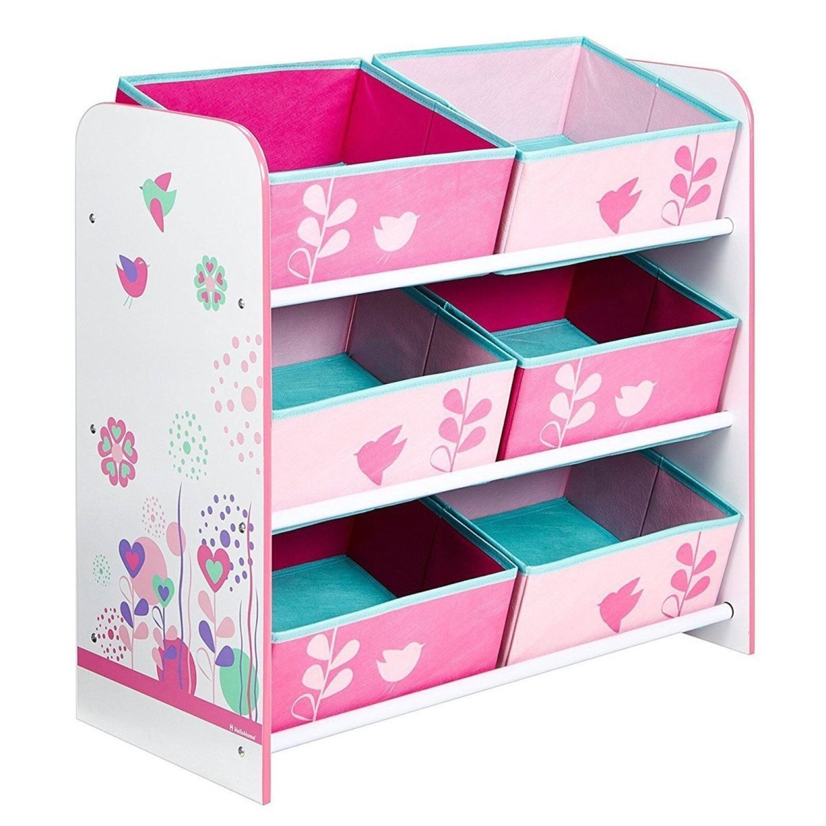 Hello Home Kids Bedroom Toy Storage Unit with 6 Fabric Storage Boxes - Flowers and Birds - mezetto ebebek ebebek