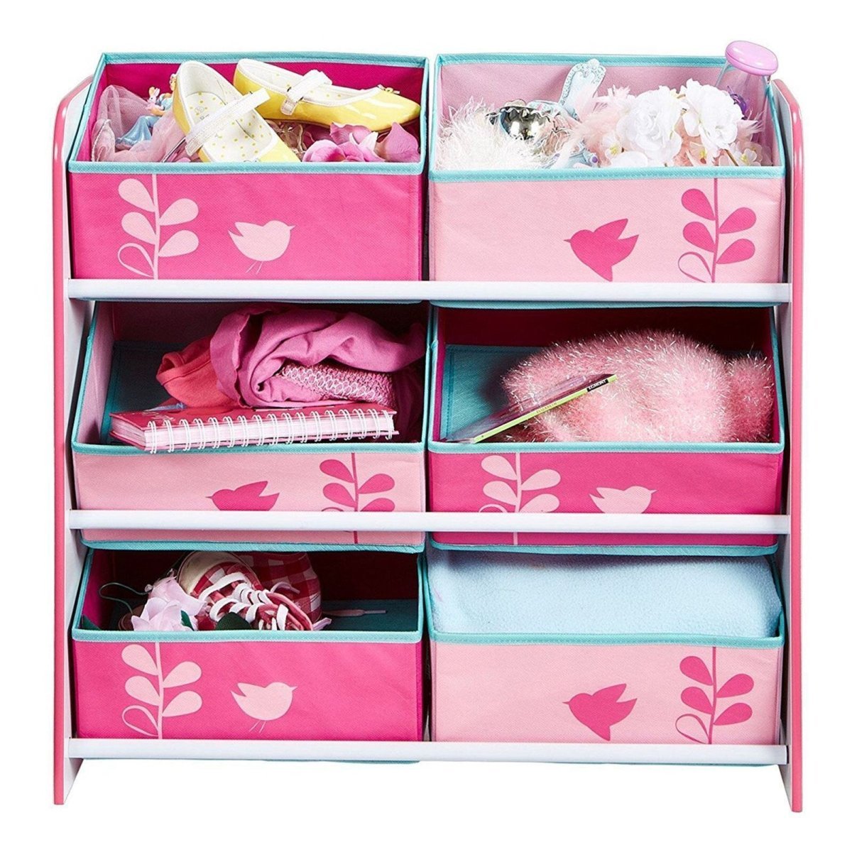 Hello Home Kids Bedroom Toy Storage Unit with 6 Fabric Storage Boxes - Flowers and Birds - mezetto ebebek ebebek