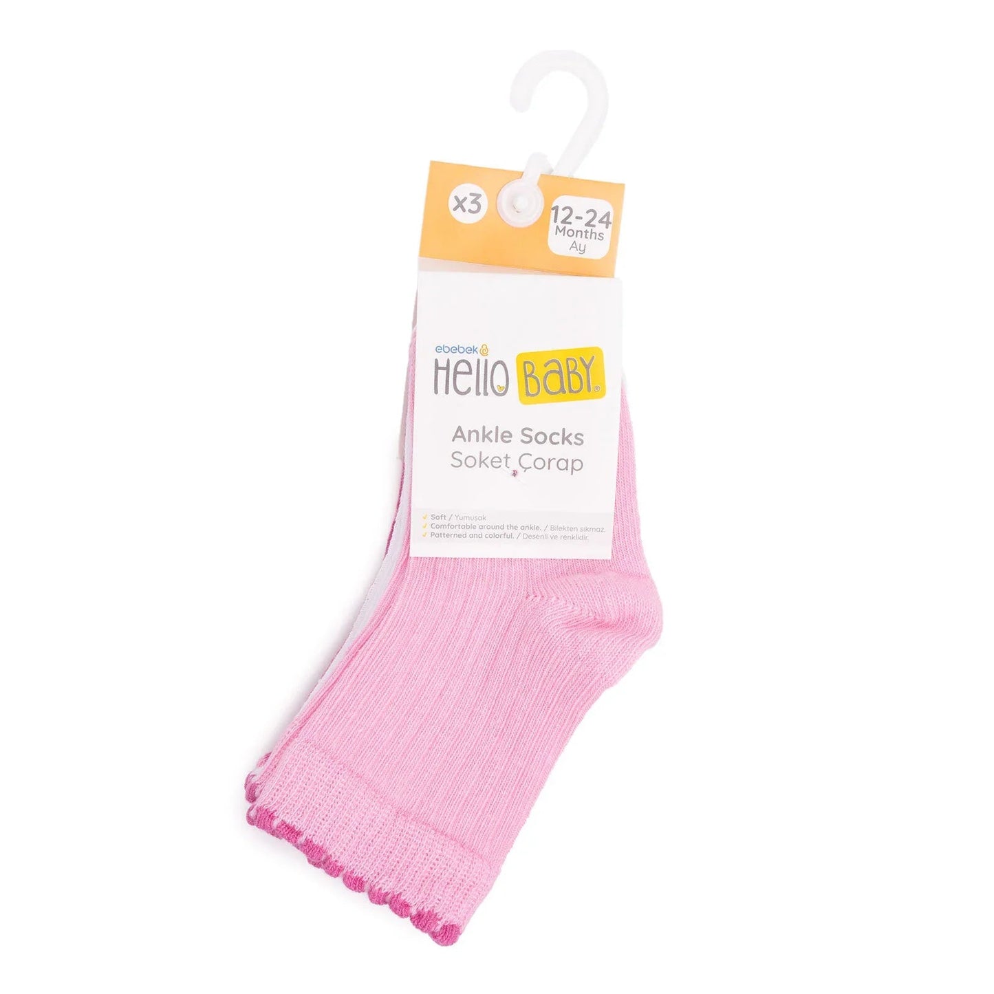 HelloBaby Ankle Socks 3 pcs - Pink - mezetto ebebek ebebek