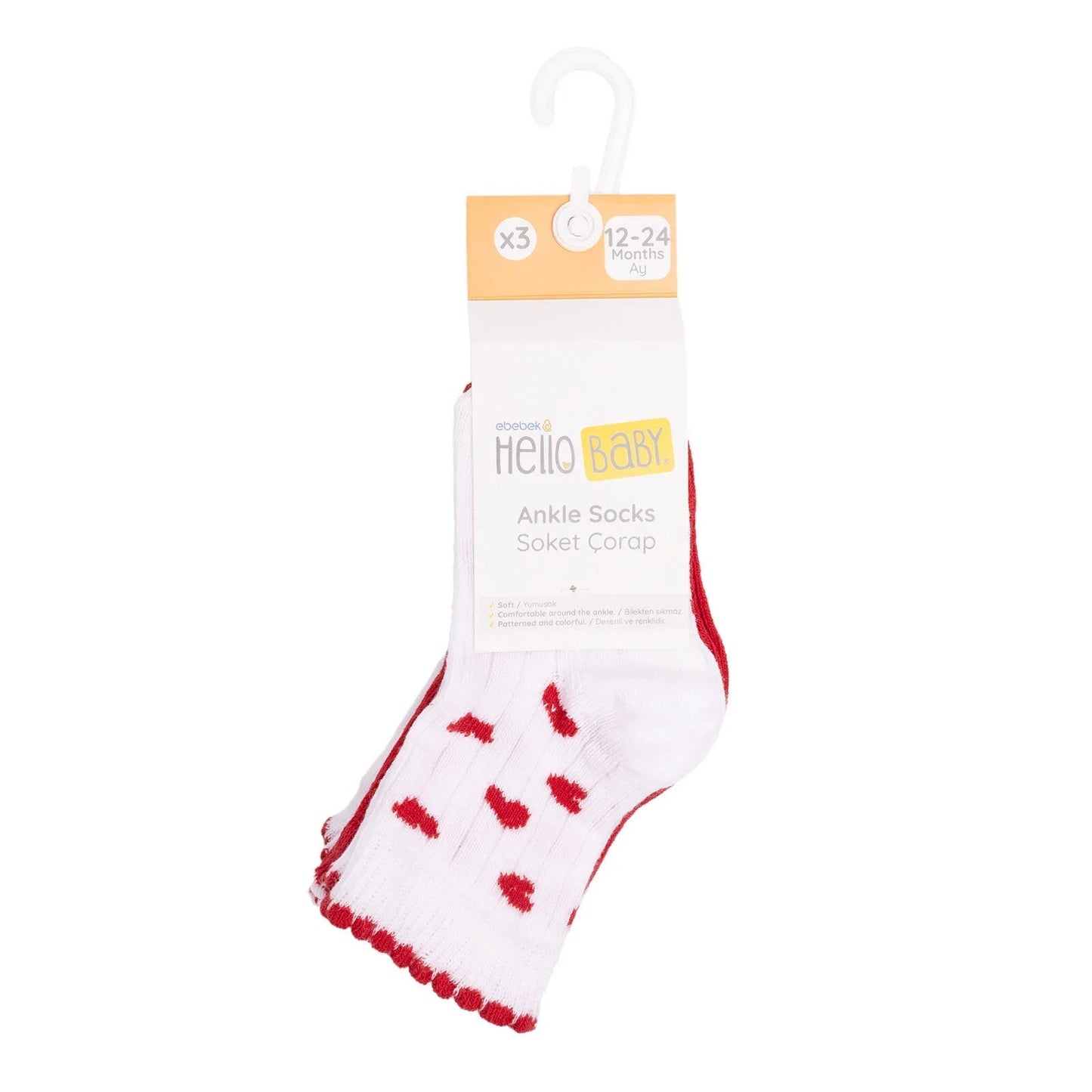 HelloBaby Ankle Socks 3 pcs - Red - mezetto ebebek ebebek